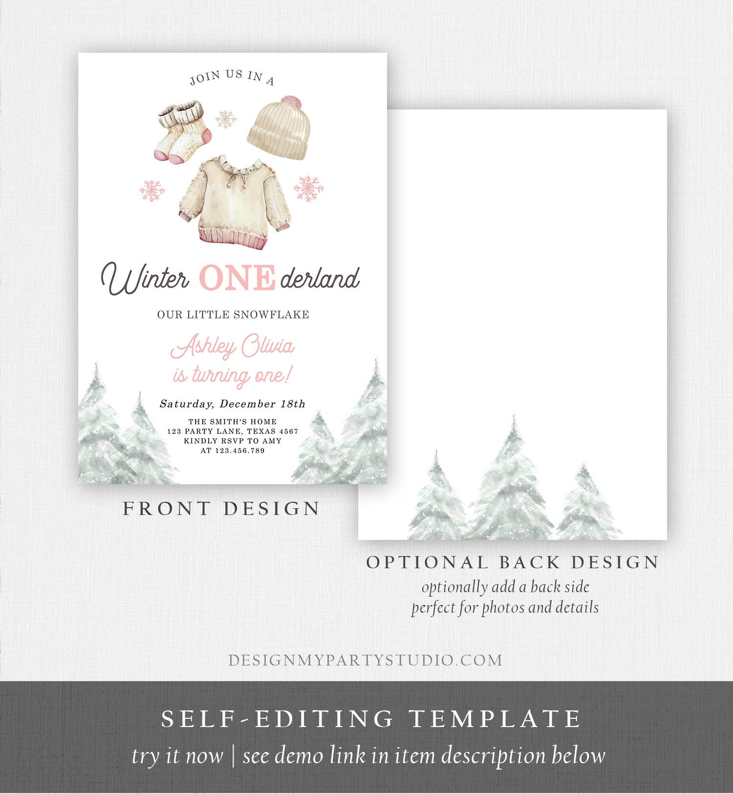 Editable Winter ONEderland Birthday Invitation First Birthday 1st Girl Pink Snow Tree Christmas Snowflake Digital Template Printable 0491