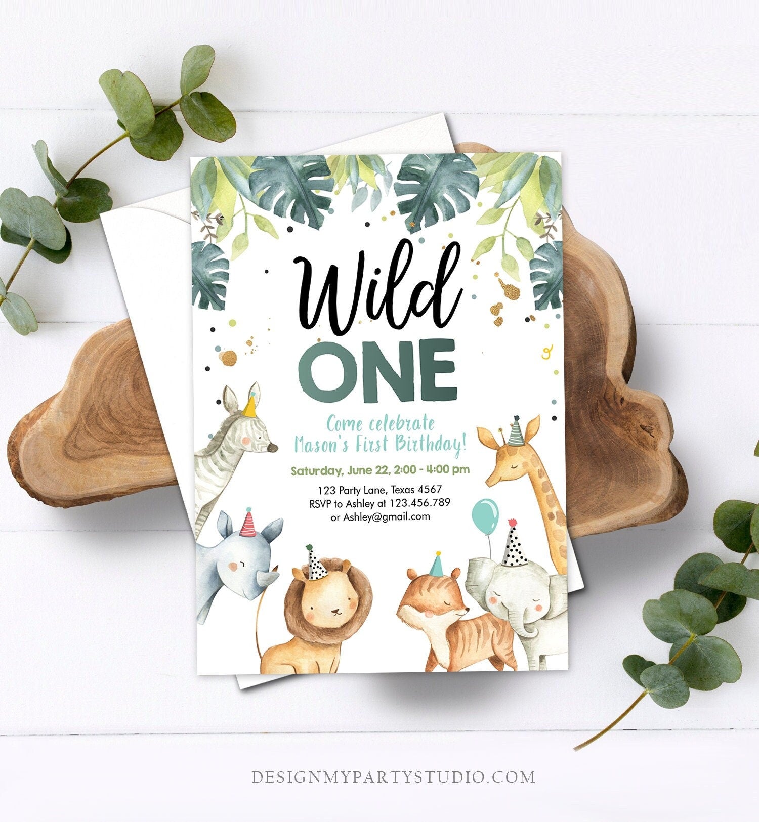 Editable Wild One Birthday Invitation Boy Safari Animals Green Gold Party Animals First Birthday 1st Download Template Corjl Printable 0163