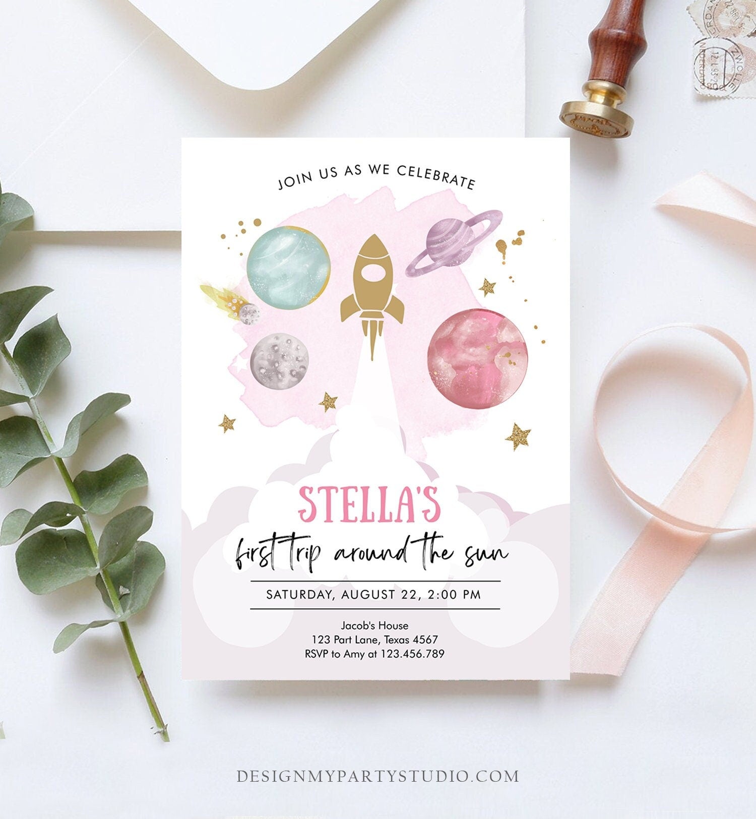 Editable Outer Space Girl First Birthday Invitation Galaxy Blast Off First Trip Around the Sun Pink Digital Evite Template Printable 0357