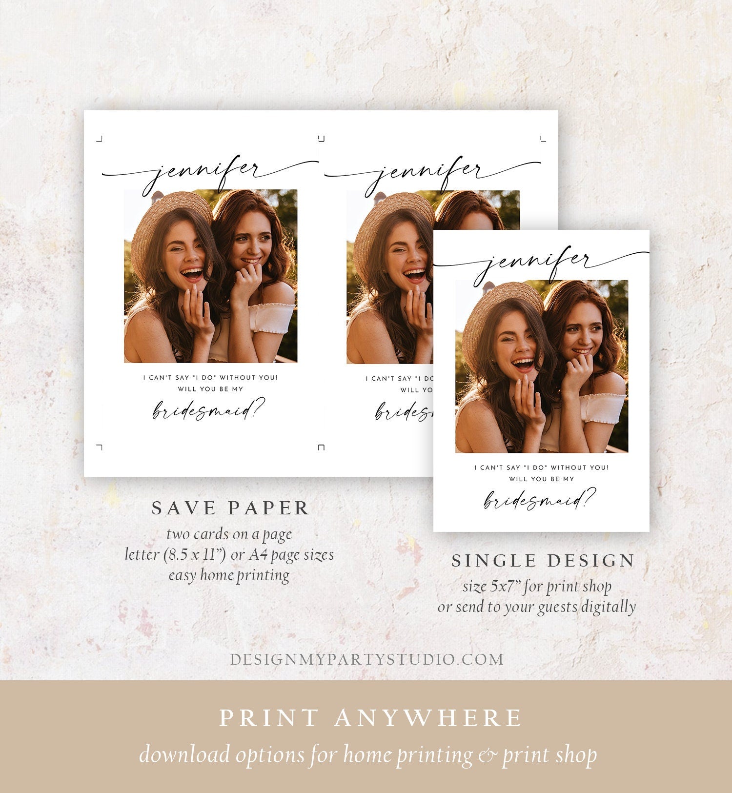 Editable Will You Be My Bridesmaid Card Proposal Photo Card Boho Rustic Modern Minimalist Wedding Calligraphy Evite Template Printable 0493