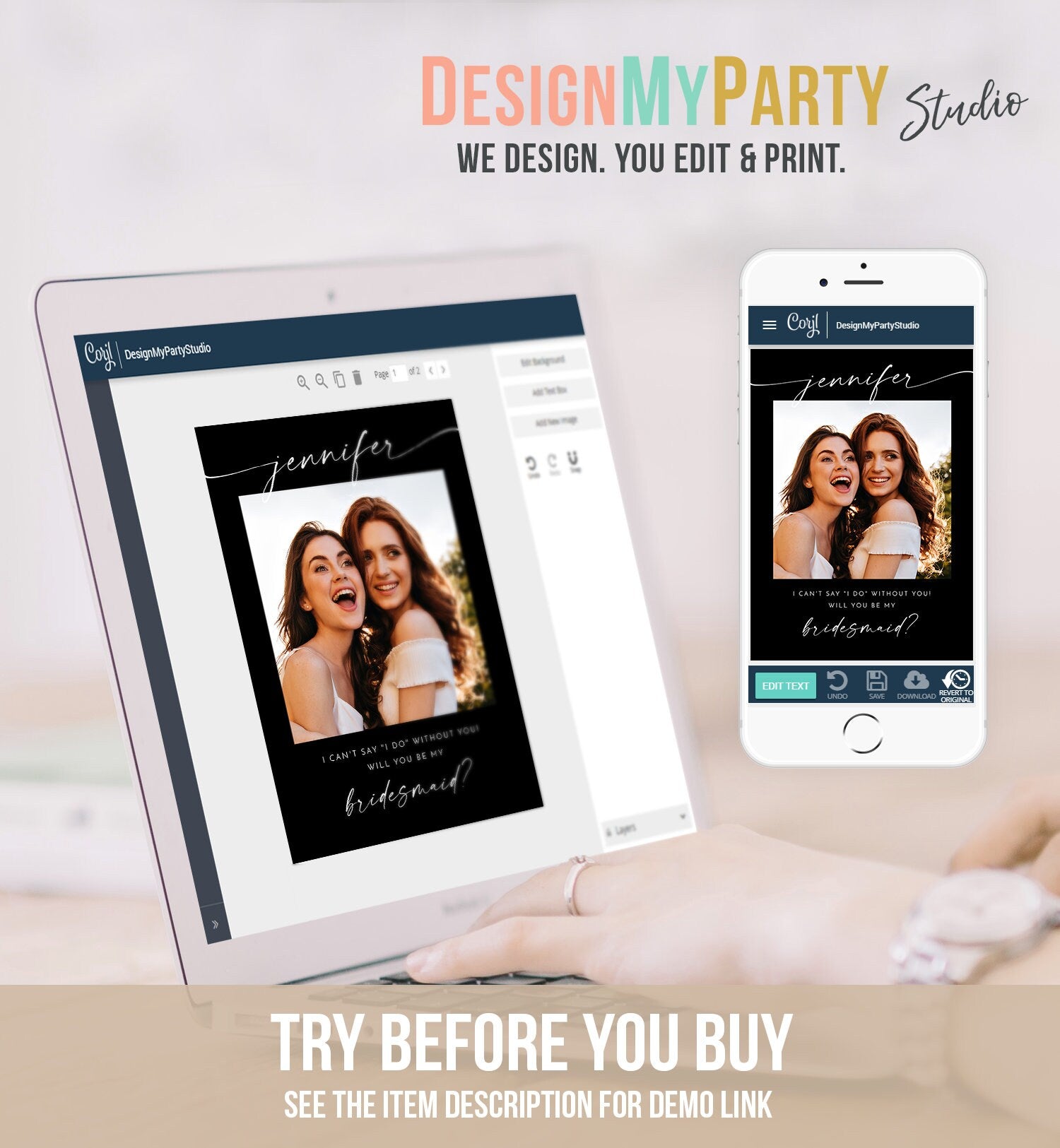 Editable Will You Be My Bridesmaid Card Proposal Photo Card Boho Rustic Modern Minimalist Wedding Calligraphy Template Printable 0493