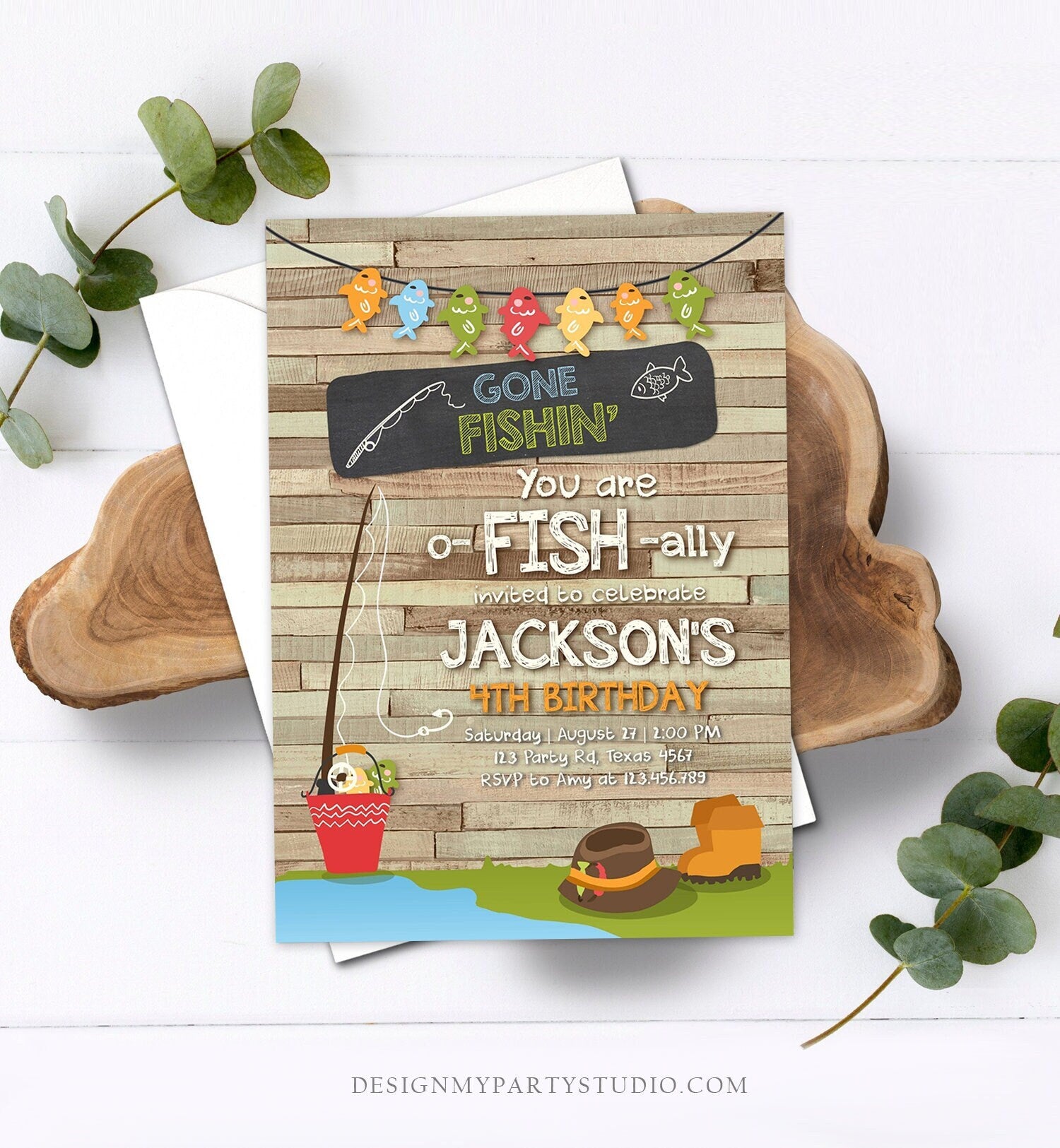 Editable Fishing Birthday Invitation Boy o-Fish-Ally Reeling the Big One Gone Fishing Fishin Digital Download Corjl Template Printable 0080