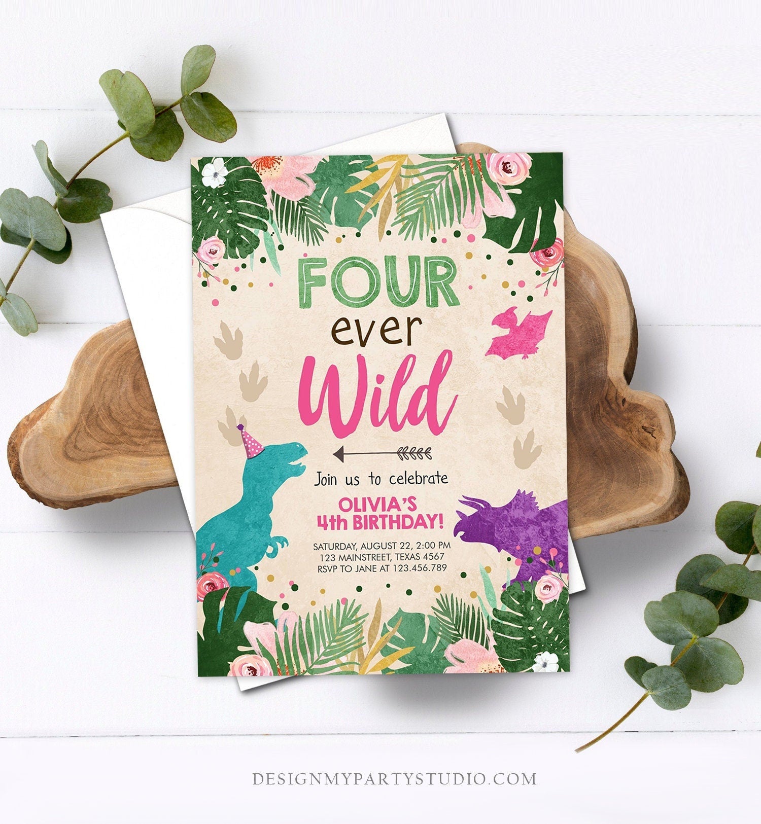 Editable Four Ever Wild Birthday Invitation Dinosaur Dino Party Girl 4th Fourth Birthday Pink Fourever Digital Template Printable 0388