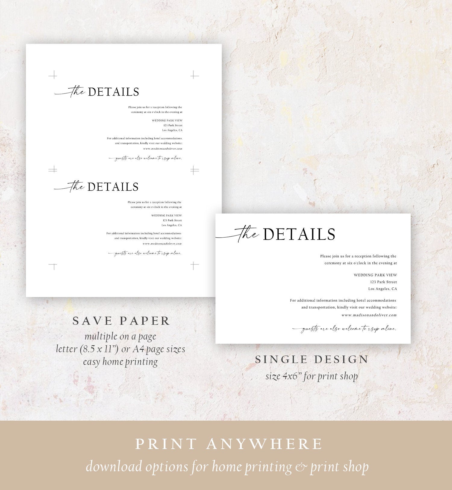 Editable Minimalist Modern Wedding Details Card Insert Enclosure Registry Card Boho Rustic Modern Calligraphy Template Printable 0493