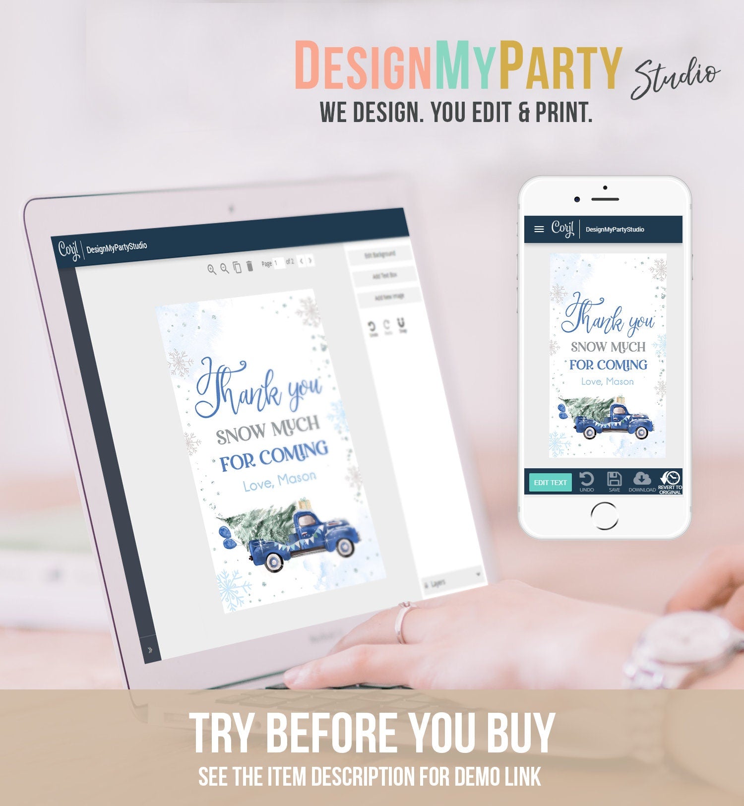 Editable Winter Onederland Favor Tag Christmas Tree Thank You Snow Much Blue Truck Birthday 1st Gift Tag Boy Digital Template Printable 0495