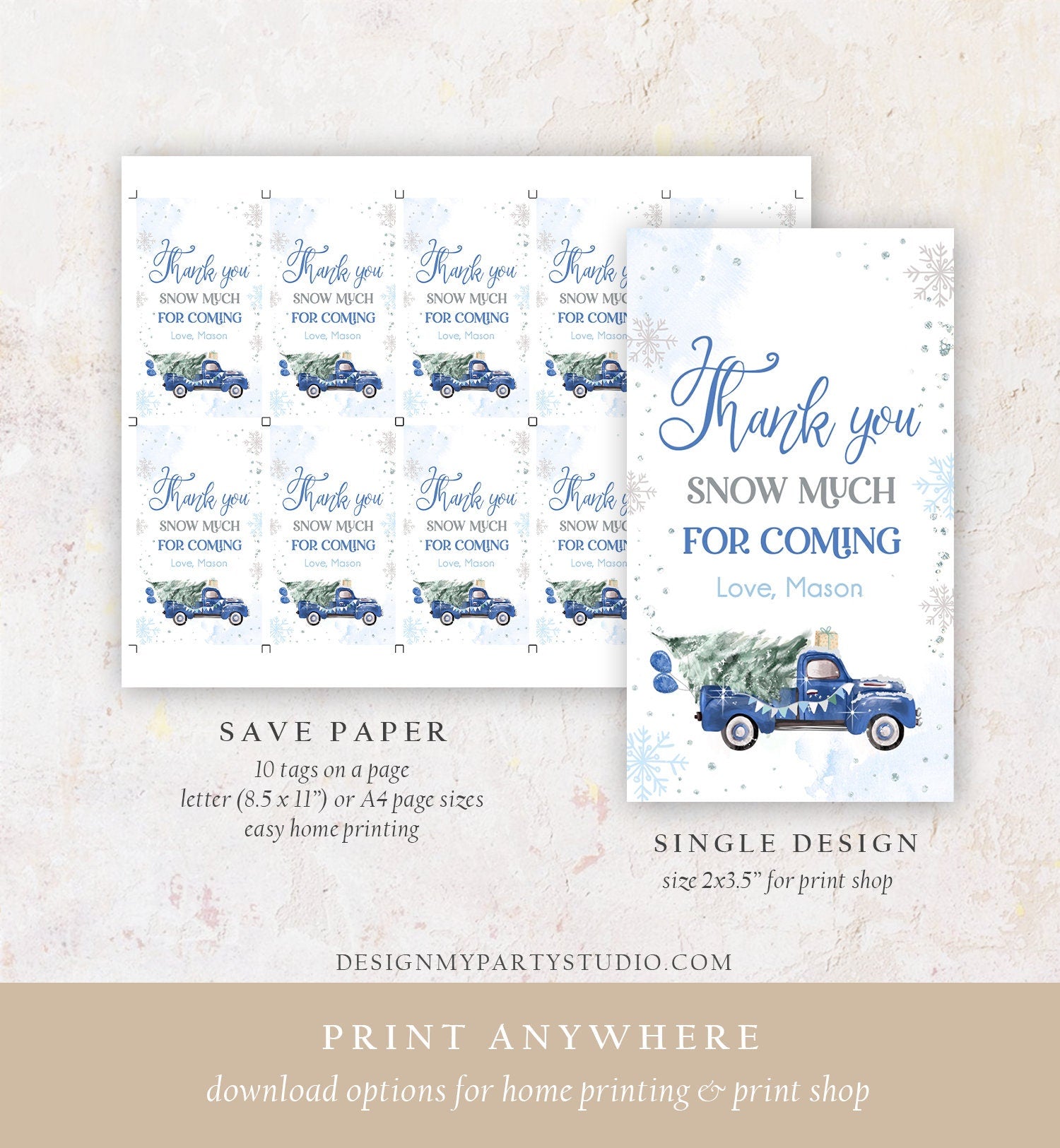 Editable Winter Onederland Favor Tag Christmas Tree Thank You Snow Much Blue Truck Birthday 1st Gift Tag Boy Digital Template Printable 0495