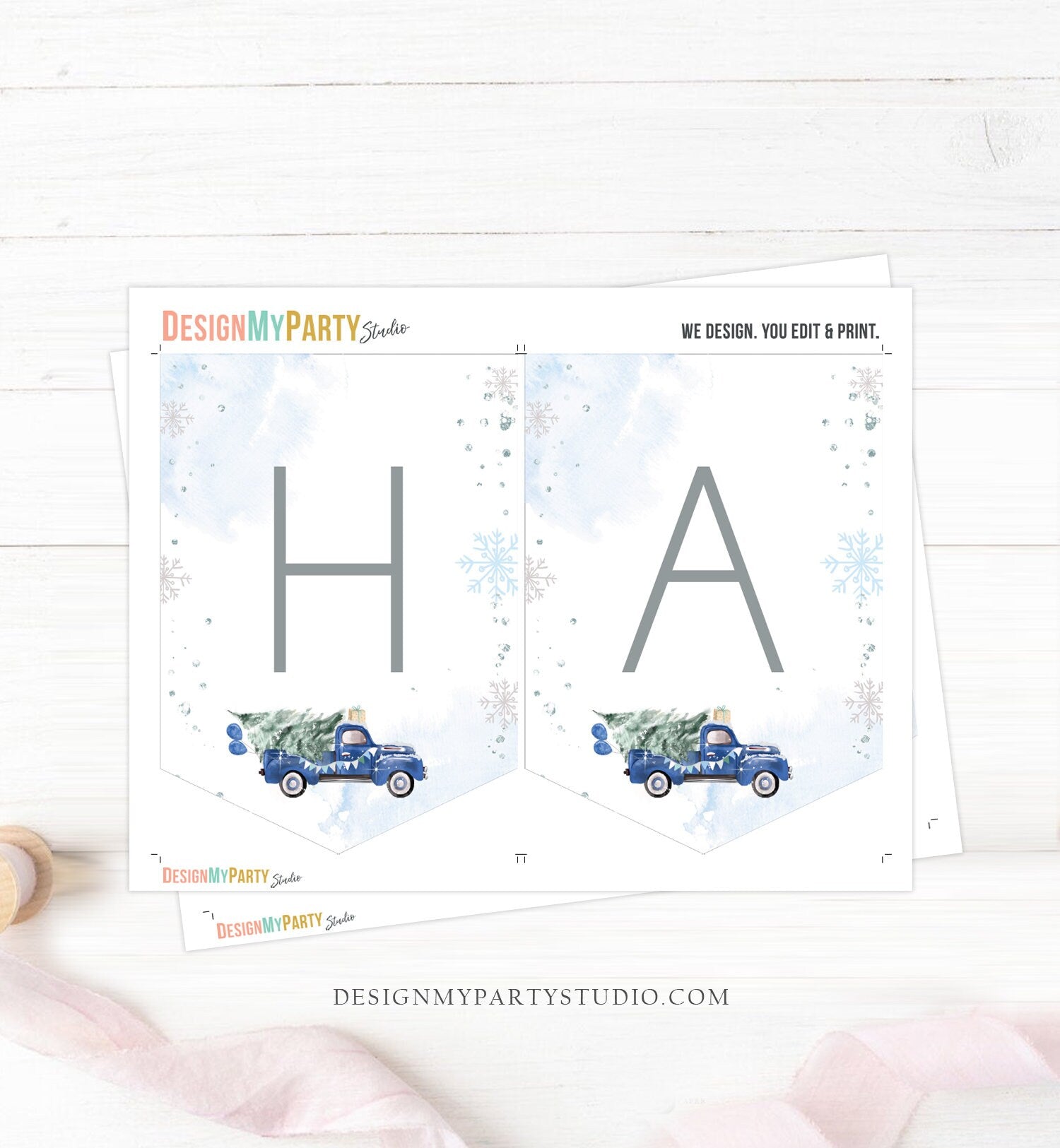 Happy Birthday Banner Winter Truck Blue Boy Birthday Winter Onederland Decor Christmas Tree Watercolor Digital Download Printable 0495