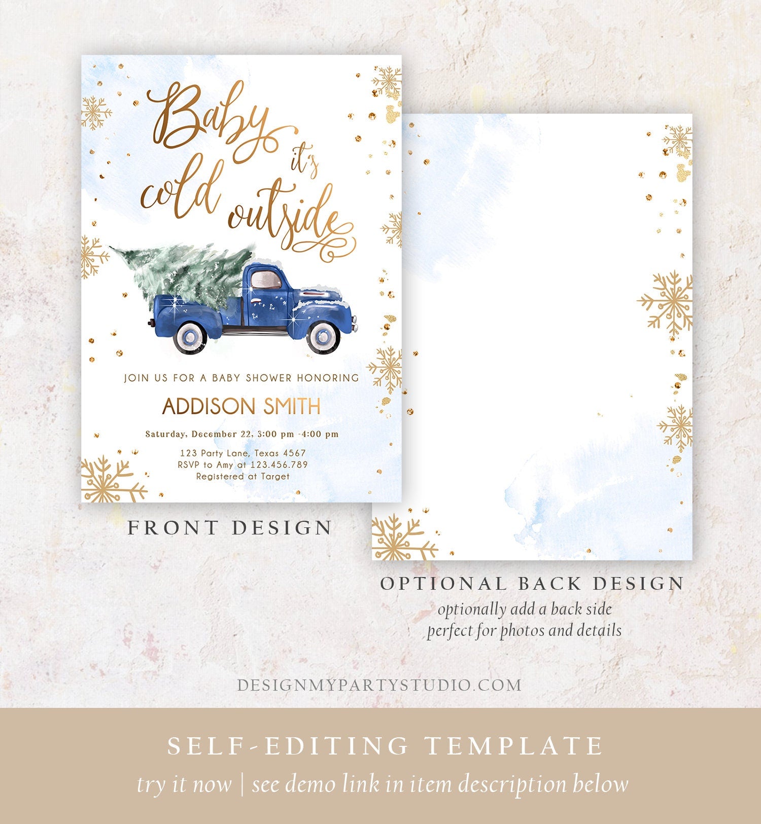 Editable Baby Its Cold Outside Baby Shower Invitation Winter Truck Blue Boy Baby Shower Gold Watercolor Tree Digital Template Printable 0495