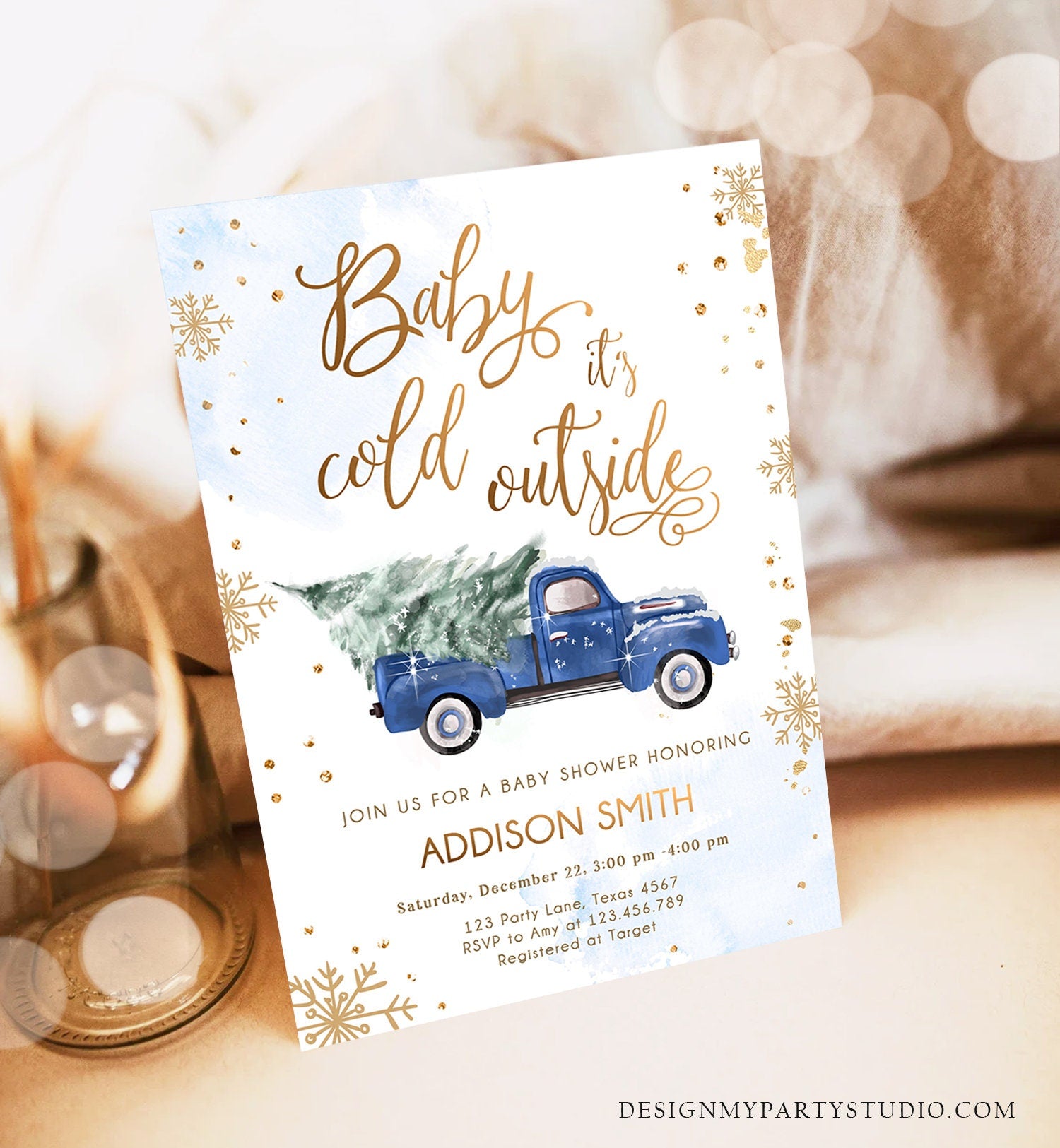 Editable Baby Its Cold Outside Baby Shower Invitation Winter Truck Blue Boy Baby Shower Gold Watercolor Tree Digital Template Printable 0495