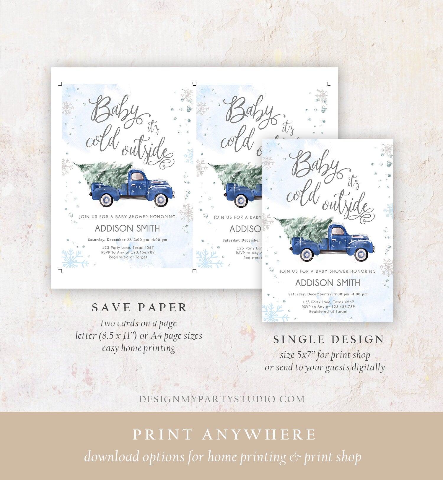 Editable Baby Its Cold Outside Baby Shower Invitation Winter Truck Blue Boy Baby Shower Silver Watercolor Digital Template Printable 0495
