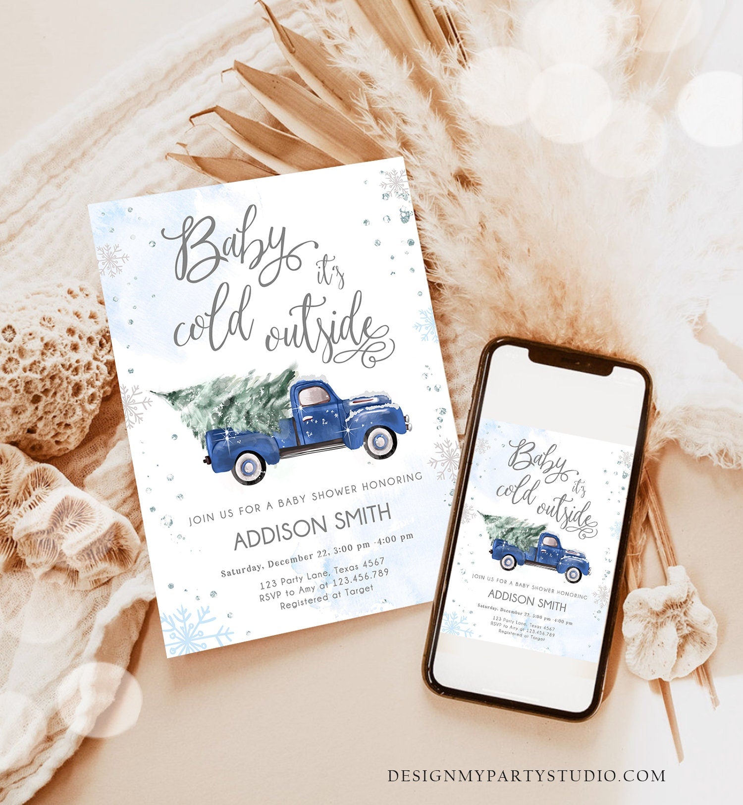 Editable Baby Its Cold Outside Baby Shower Invitation Winter Truck Blue Boy Baby Shower Silver Watercolor Digital Template Printable 0495