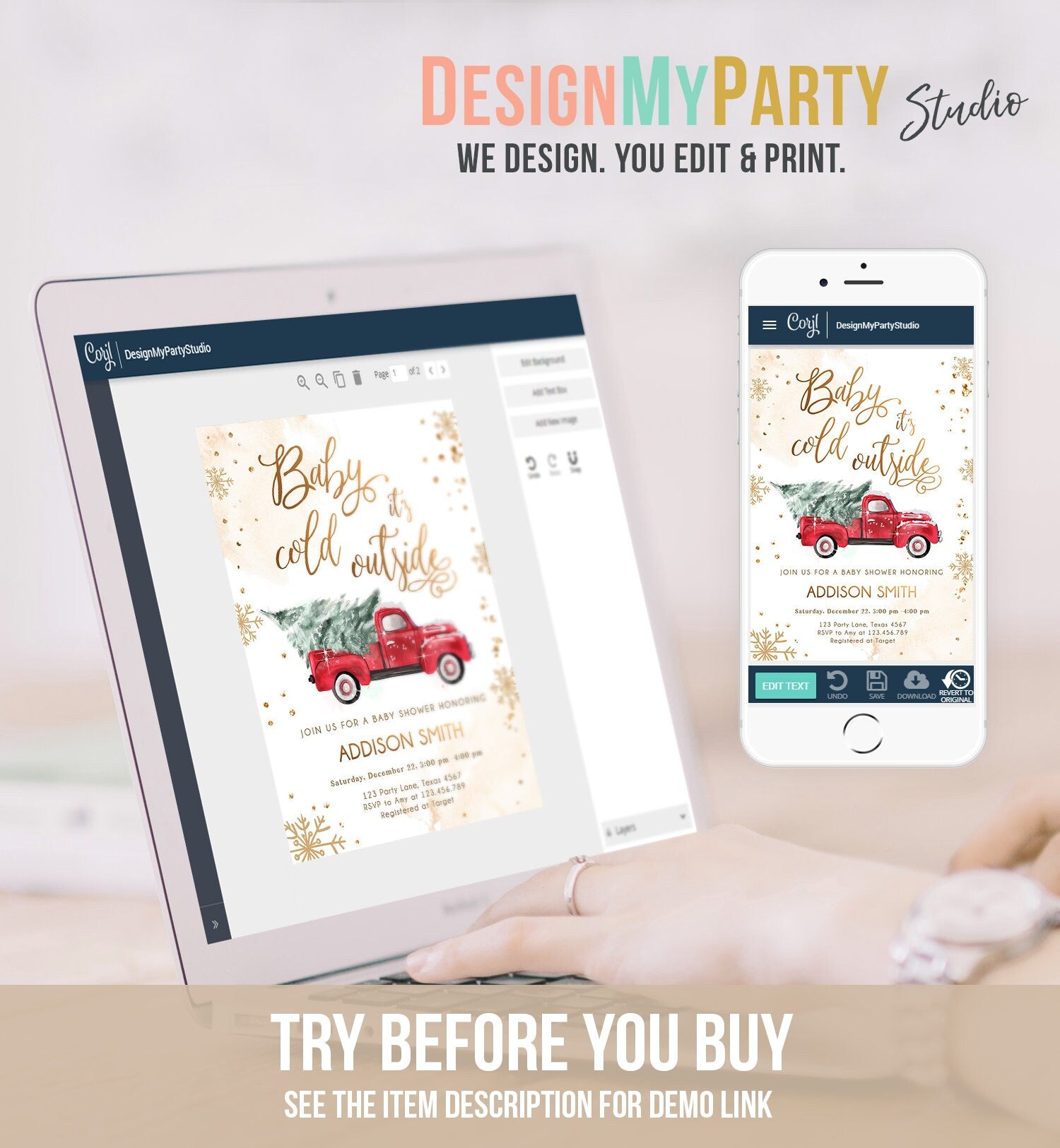 Editable Baby Its Cold Outside Baby Shower Invitation Winter Truck Red Gender Neutral Baby Shower Gold Tree Download Template Printable 0495