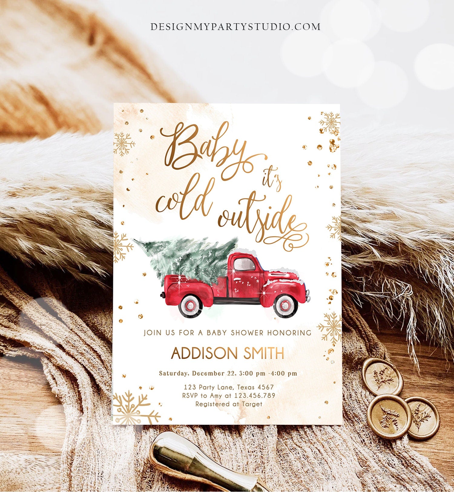 Editable Baby Its Cold Outside Baby Shower Invitation Winter Truck Red Gender Neutral Baby Shower Gold Tree Download Template Printable 0495