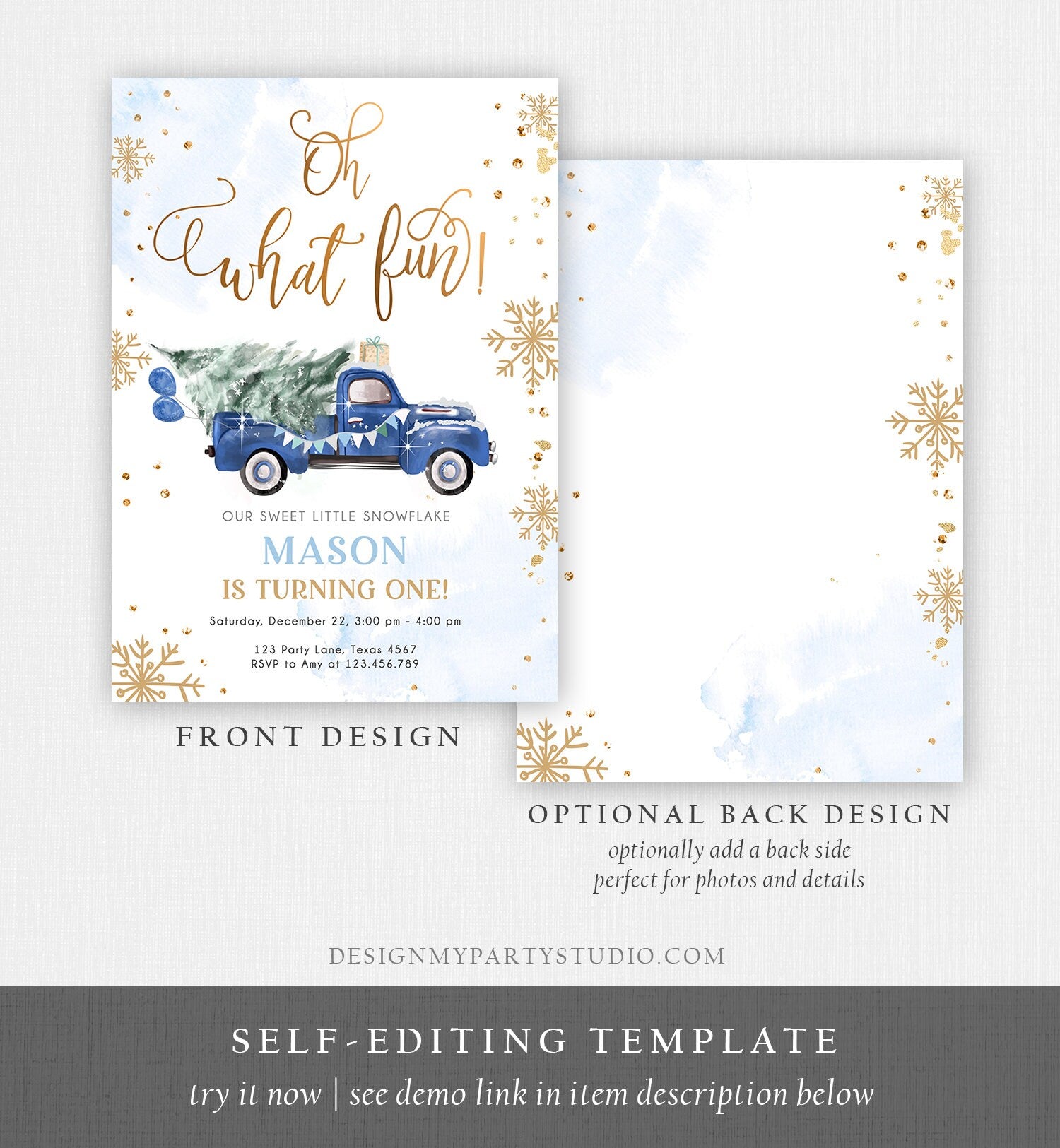 Editable Oh What Fun! Holiday 1st Winter Birthday Invitation Winter Truck Boy Christmas Party Blue Gold Digital Template Printable 0495