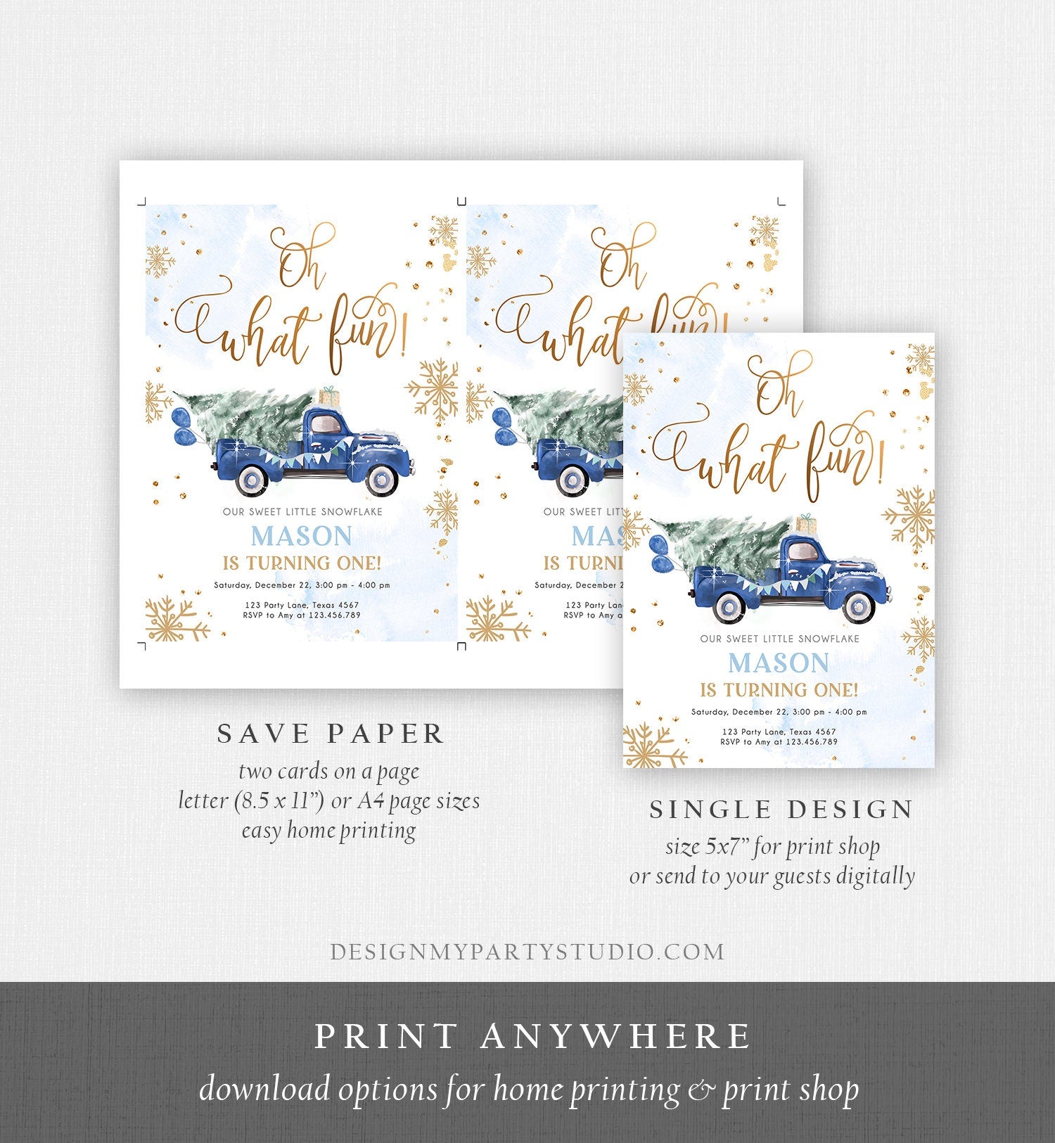 Editable Oh What Fun! Holiday 1st Winter Birthday Invitation Winter Truck Boy Christmas Party Blue Gold Digital Template Printable 0495