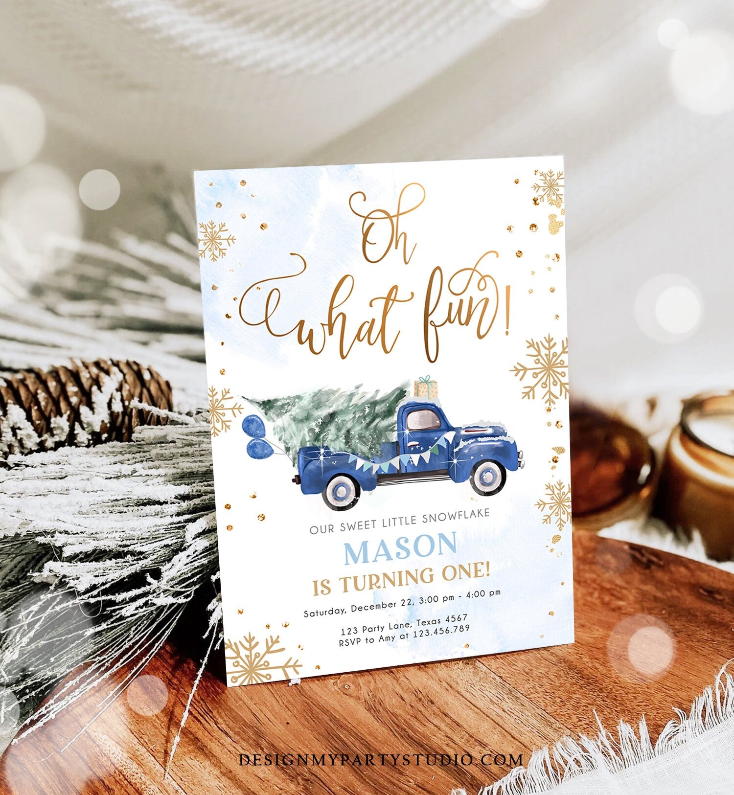 Editable Oh What Fun! Holiday 1st Winter Birthday Invitation Winter Truck Boy Christmas Party Blue Gold Digital Template Printable 0495