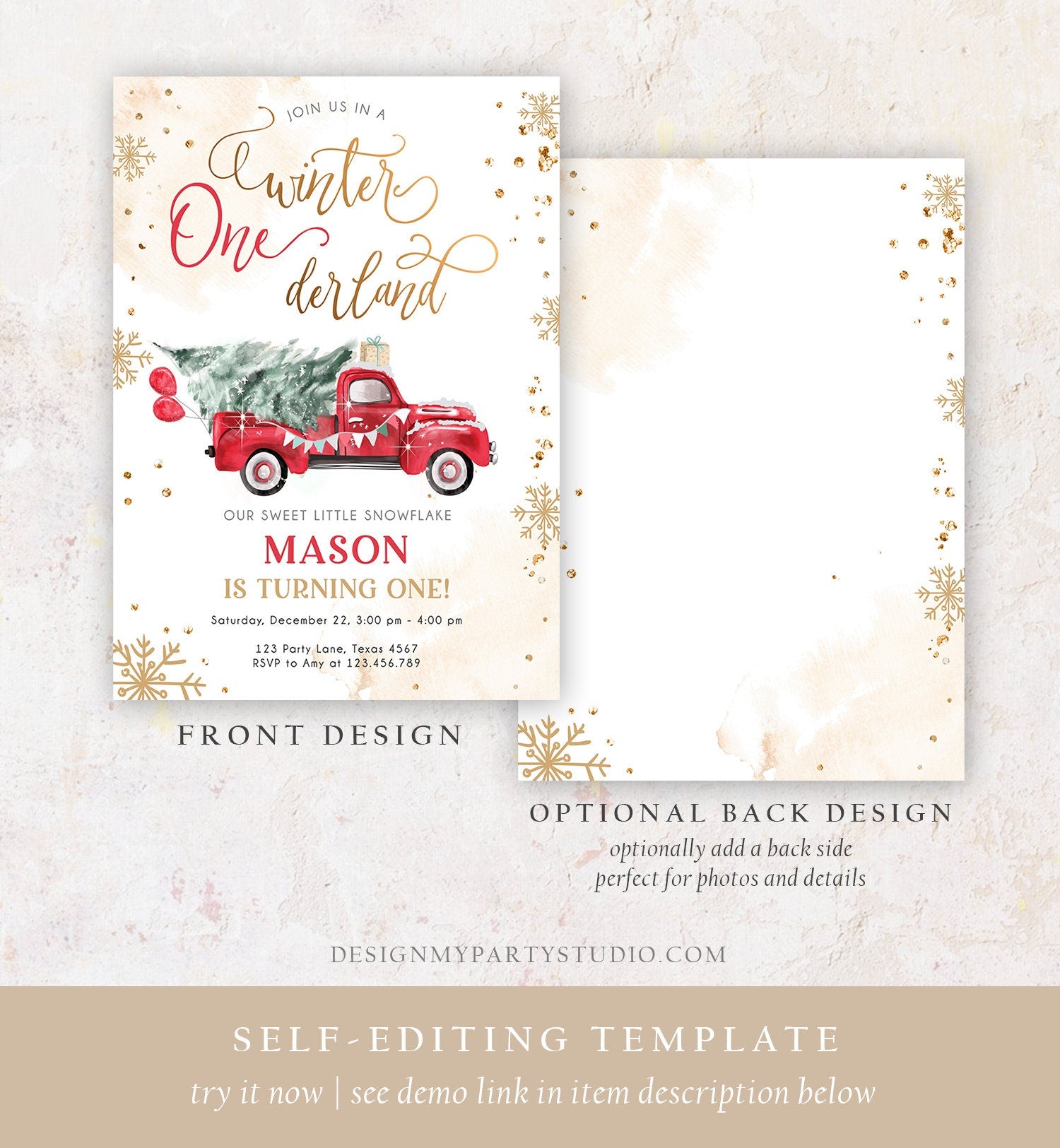 Editable Winter Onederland First Birthday Invitation Red Truck Christmas Winter Gold Boy Minimalist Digital Download Template Printable 0495