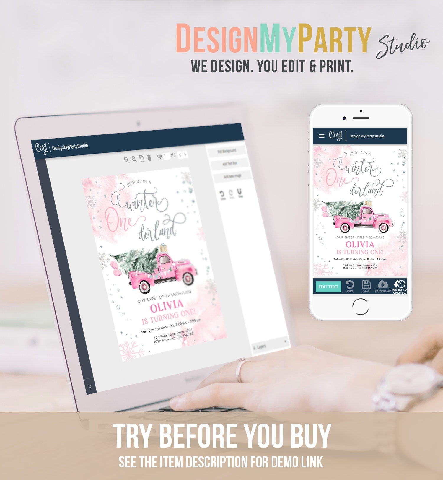 Editable Winter Onederland Winter First Birthday Invitation Christmas Winter Silver Pink Truck Girl Minimalist Template Printable 0495