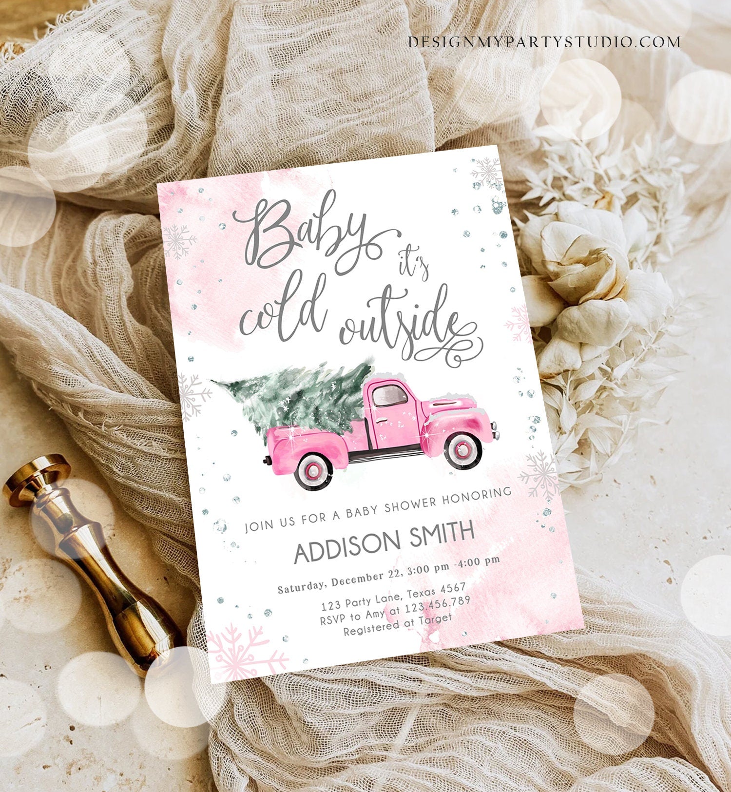Editable Baby Its Cold Outside Baby Shower Invitation Winter Truck Pink Girl Baby Shower Silver Watercolor Digital Template Printable 0495
