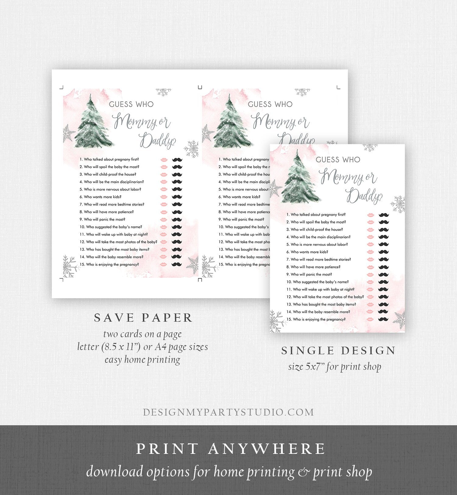 Editable Guess Who Mommy or Daddy Baby Shower Game Winter Baby Shower Cold Outside Girl Pink Tree Watercolor Corjl Template Printable 0363