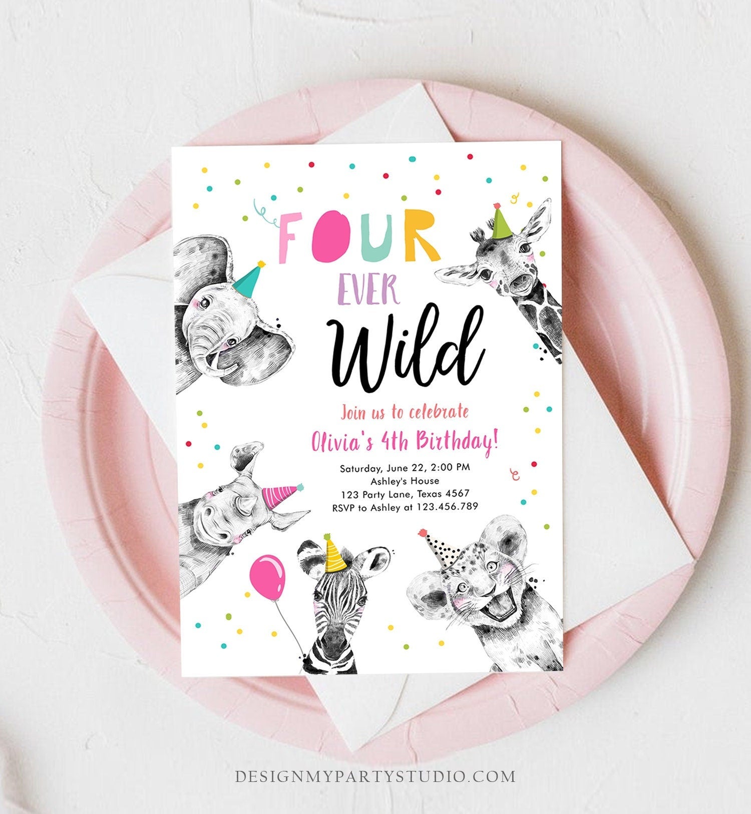 Editable Four Ever Wild Birthday Invitation Girl Pink Gold Safari Party Animals Fourth Birthday 4th Printable Template Digital Corjl 0390