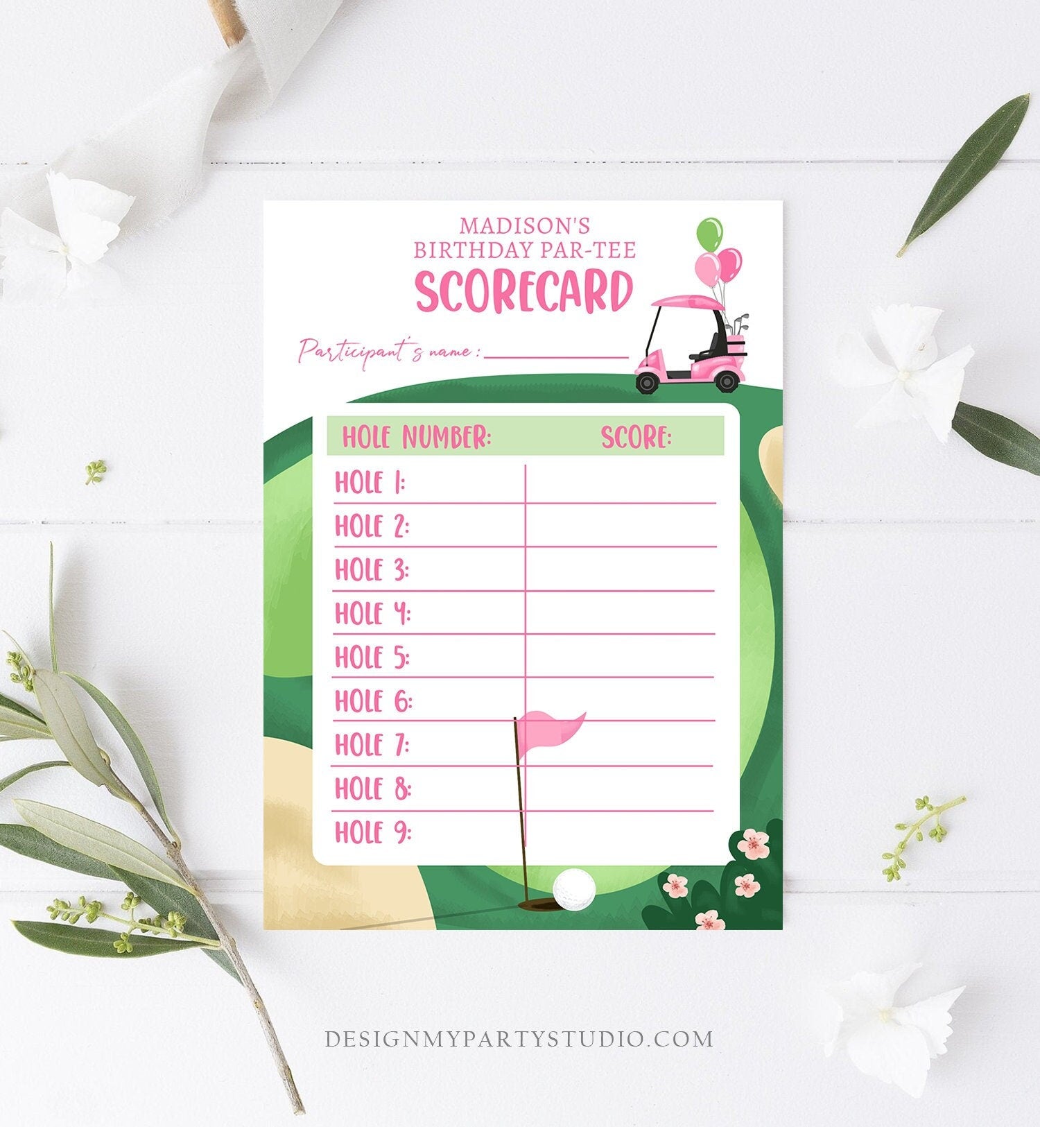 Editable Golf Score Card Birthday Par-tee Game Golfing Girl Pink Golf Baby Shower Activity Digital Download Template Printable 0405