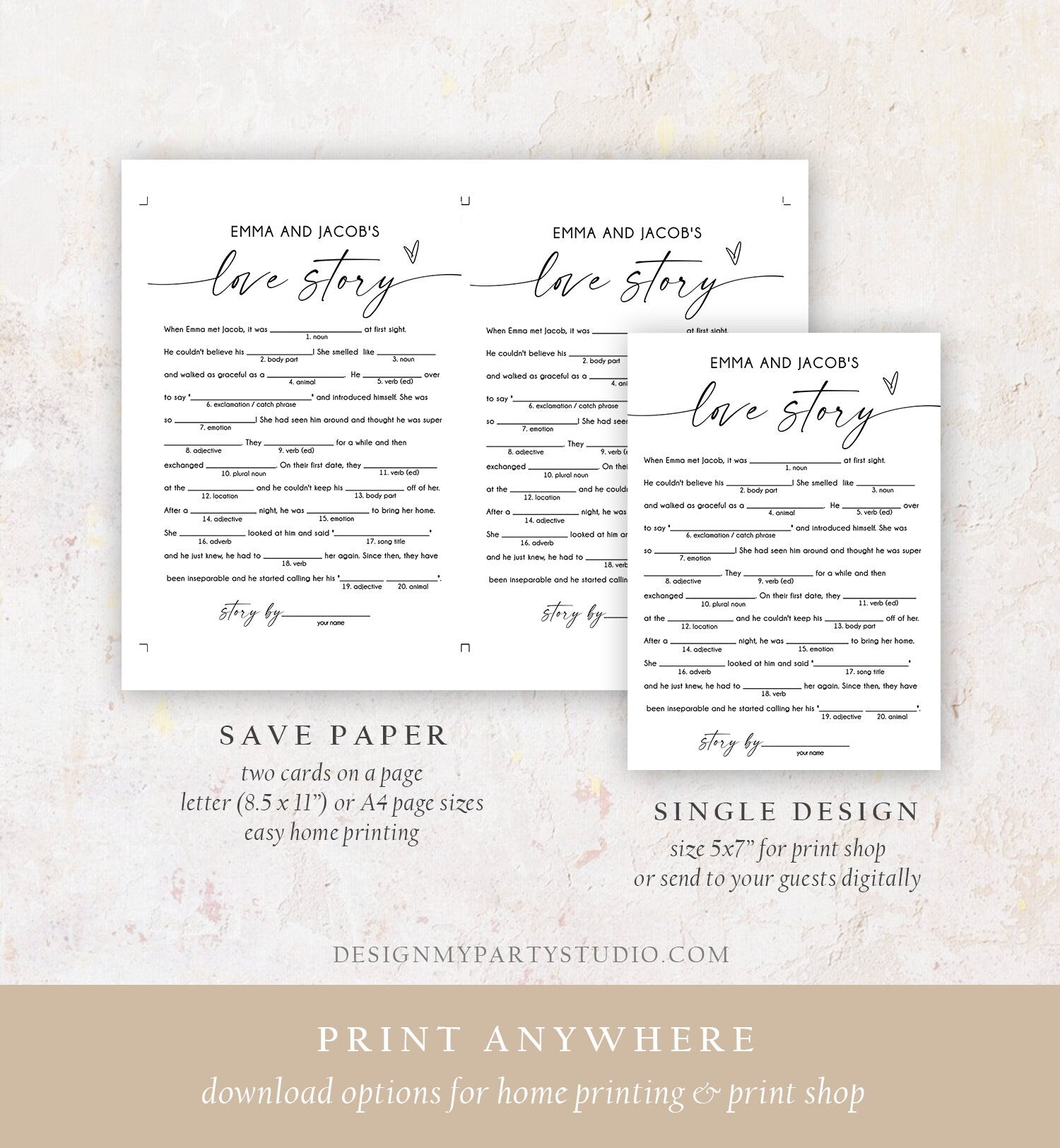 Editable Love Story Funny Bridal Shower Game Minimalist Modern Wedding Activity Couples Wedding Activity Digital Template Printable 0493