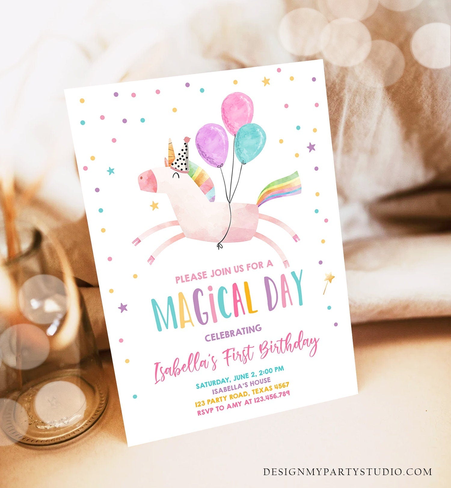Editable Unicorn Birthday Invitation Magical Party Invite Girl Pink First Birthday Rainbow Digital Download Evite Template Printable 0336