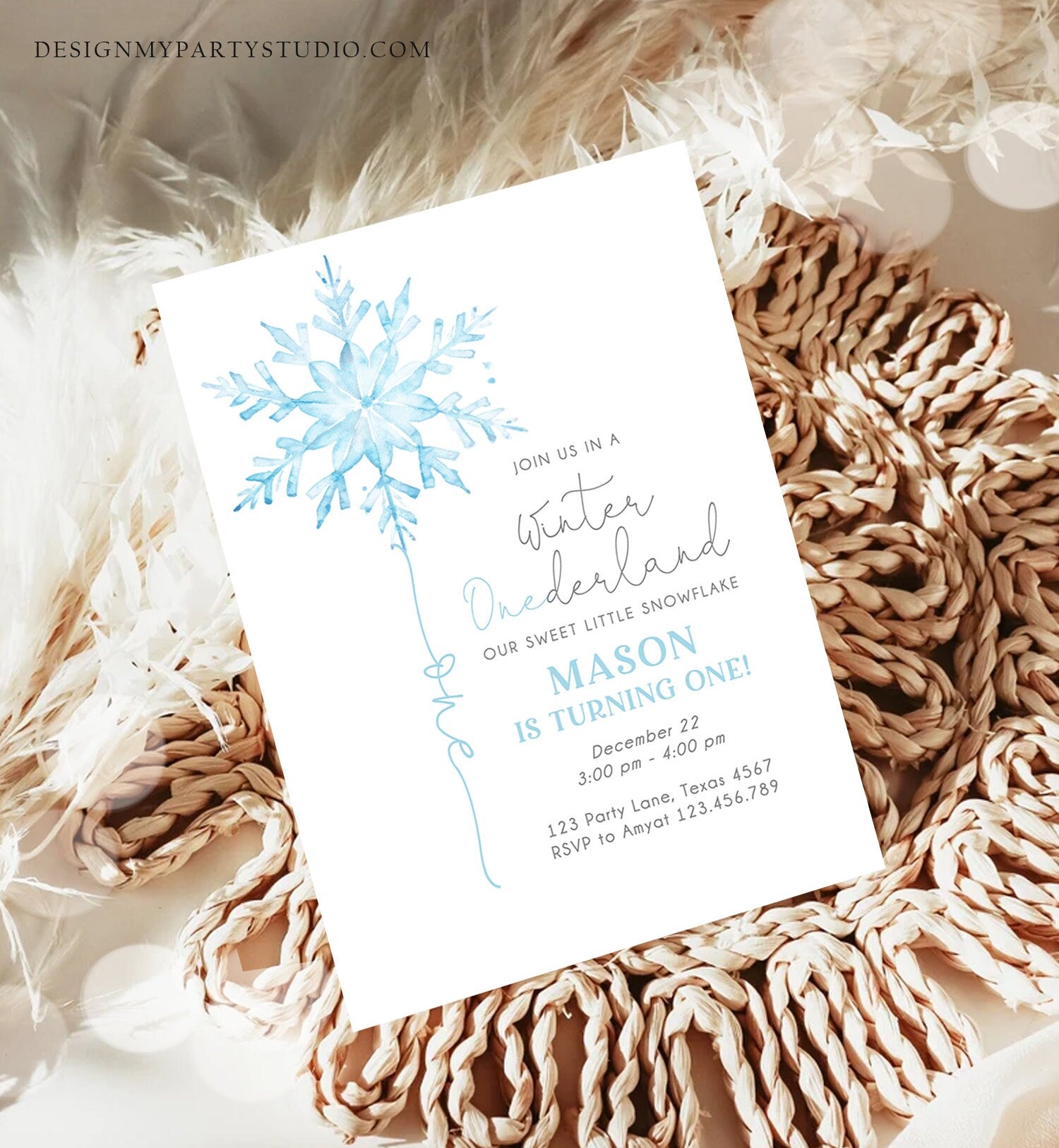 Editable Winter ONEderland Birthday Invitation First Birthday 1st Boy Blue Snowflake Watercolor Wonderland Digital Template Printable 0494