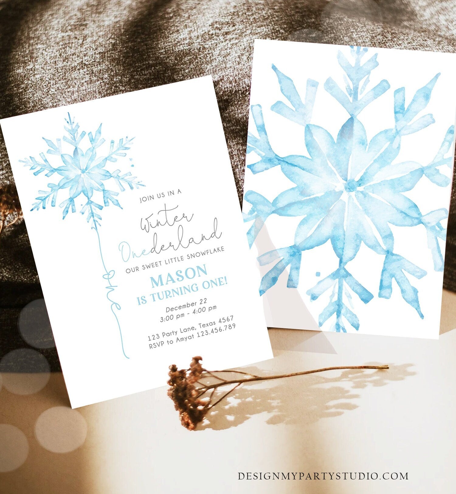 Editable Winter ONEderland Birthday Invitation First Birthday 1st Boy Blue Snowflake Watercolor Wonderland Digital Template Printable 0494