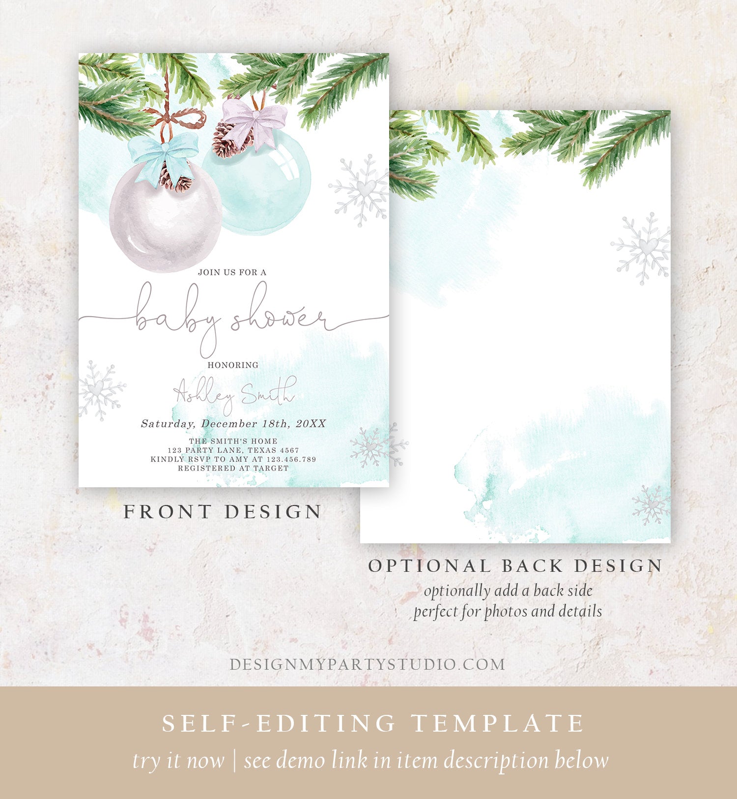 Editable Winter Baby Shower Invitation Baby It's Cold Outside Christmas Baby Shower Boy Blue Watercolor Digital Template Printable 0490