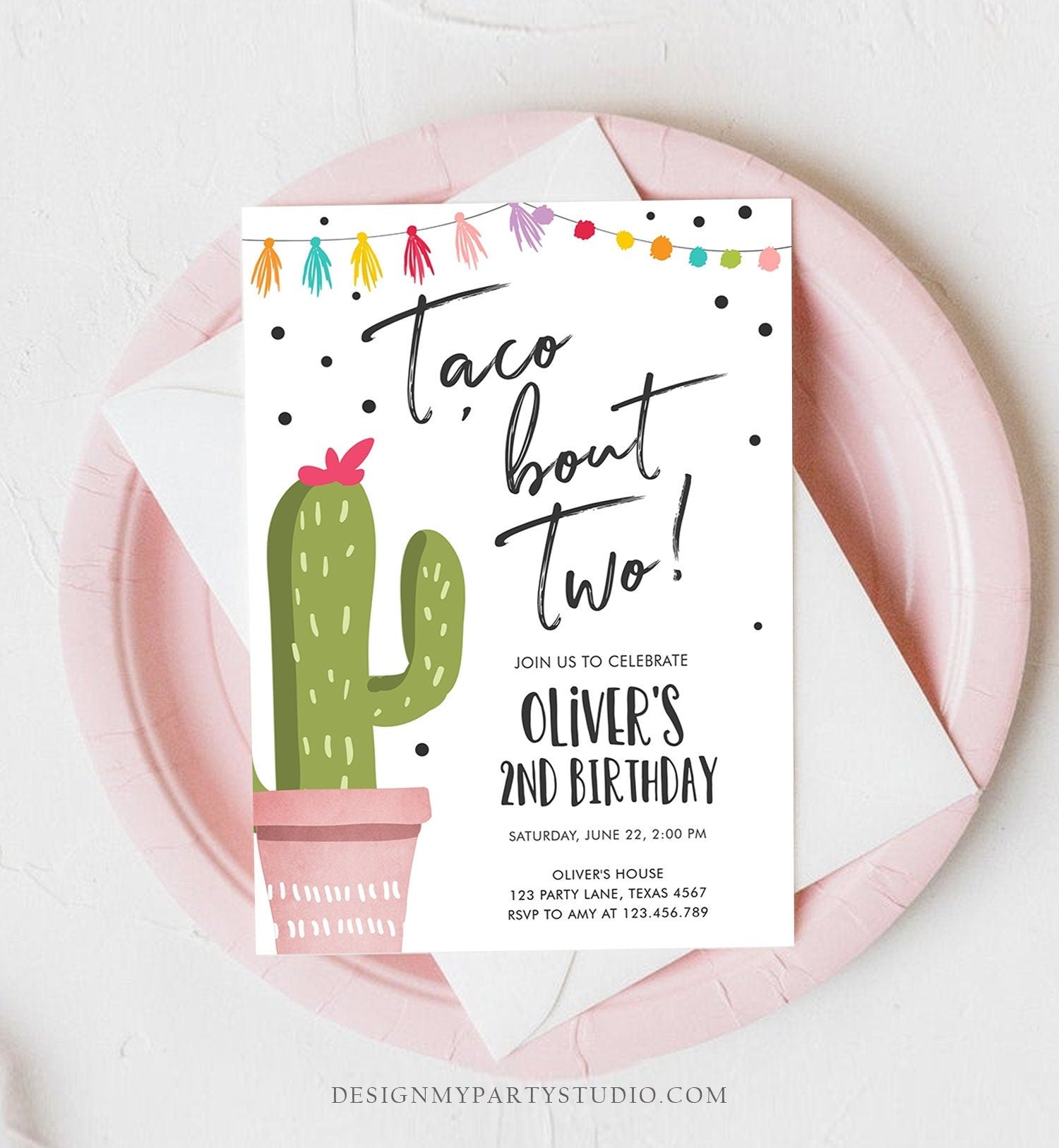 Editable Taco Bout a Party Birthday Invitation ANY AGE Girl Boy Cactus Fiesta Mexican Second Birthday Download Printable Corjl Template 0254