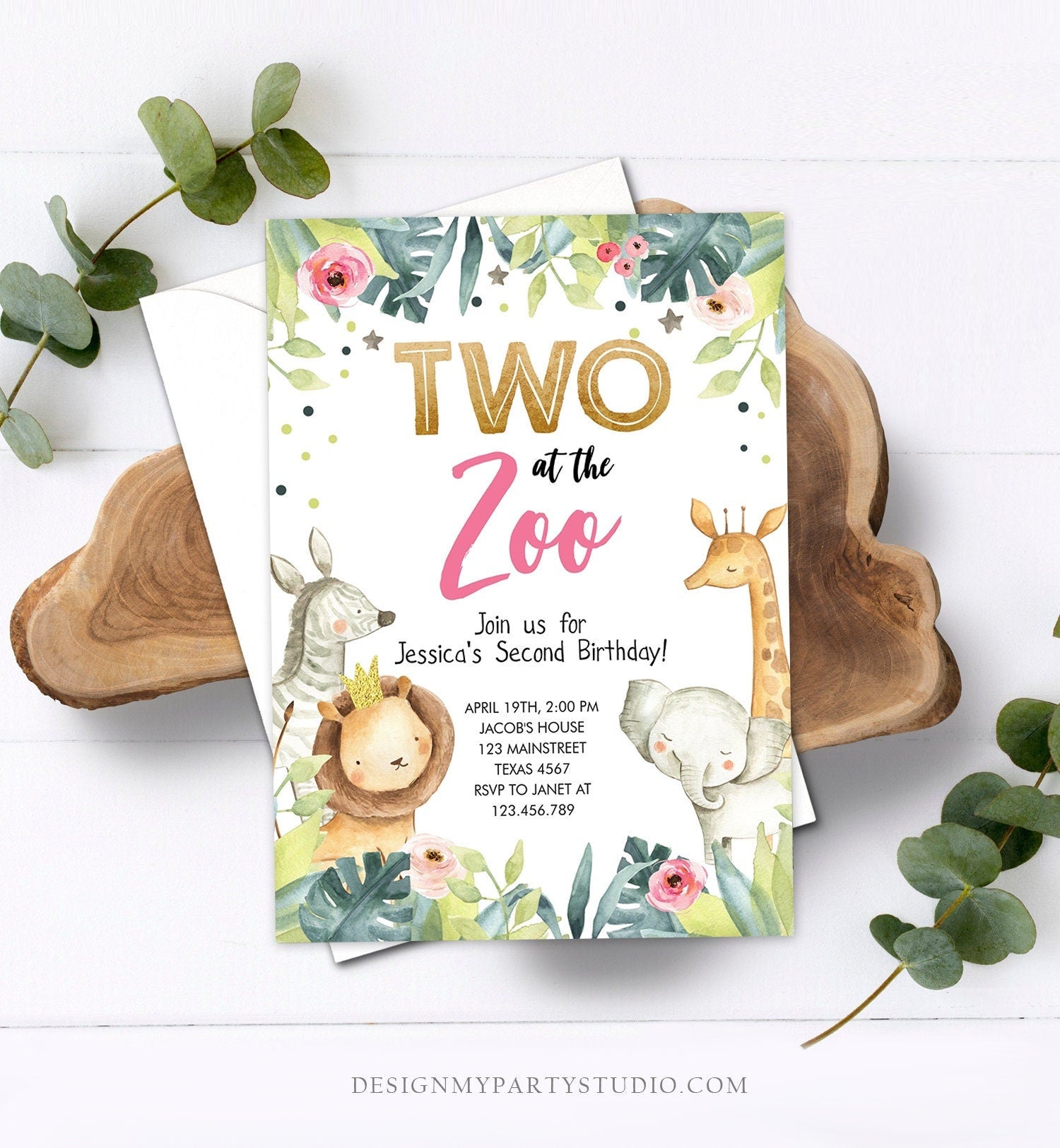 Editable Two in the Zoo Birthday Invitation Girl Animals Party Jungle Safari Pink Gold Two Wild Digital Download Template Printable 0163