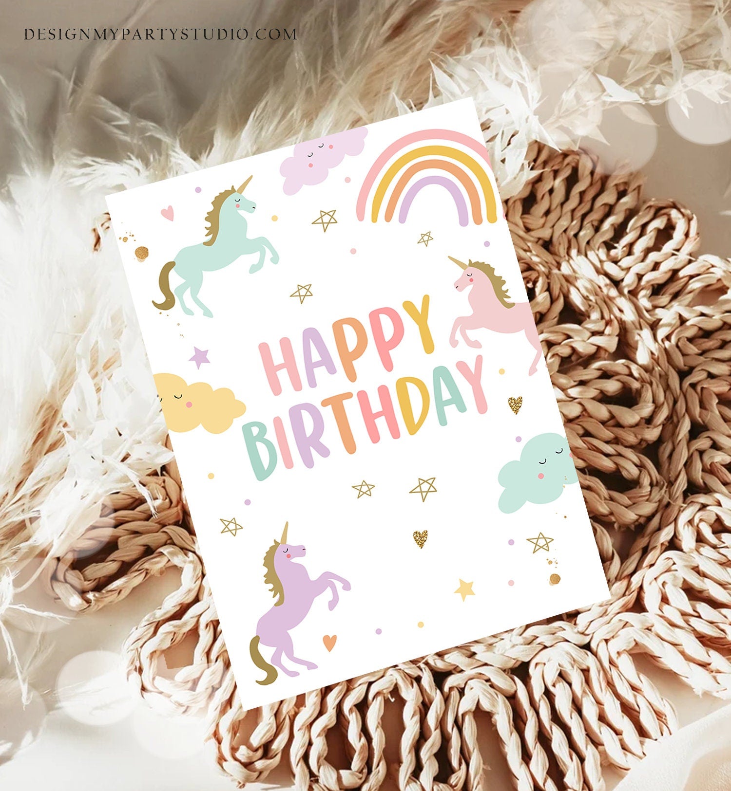 Happy Birthday Card Unicorn Birthday Greeting Card Unicorn Magical Rainbow Girl Daughter Friend 5x7 DIGITAL PRINTABLE Instant Download