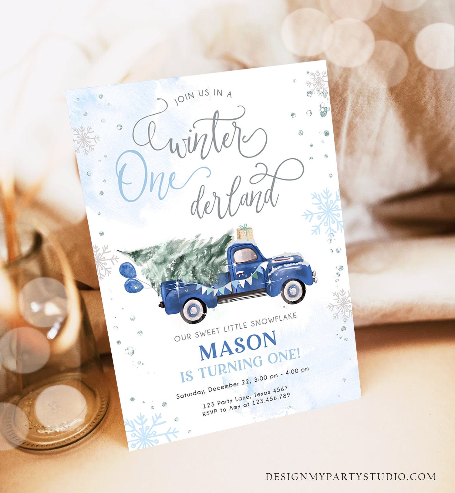 Editable Winter Onederland Winter First Birthday Invitation Christmas 1st Winter Blue Truck Boy Silver Digital Evite Template Printable 0495