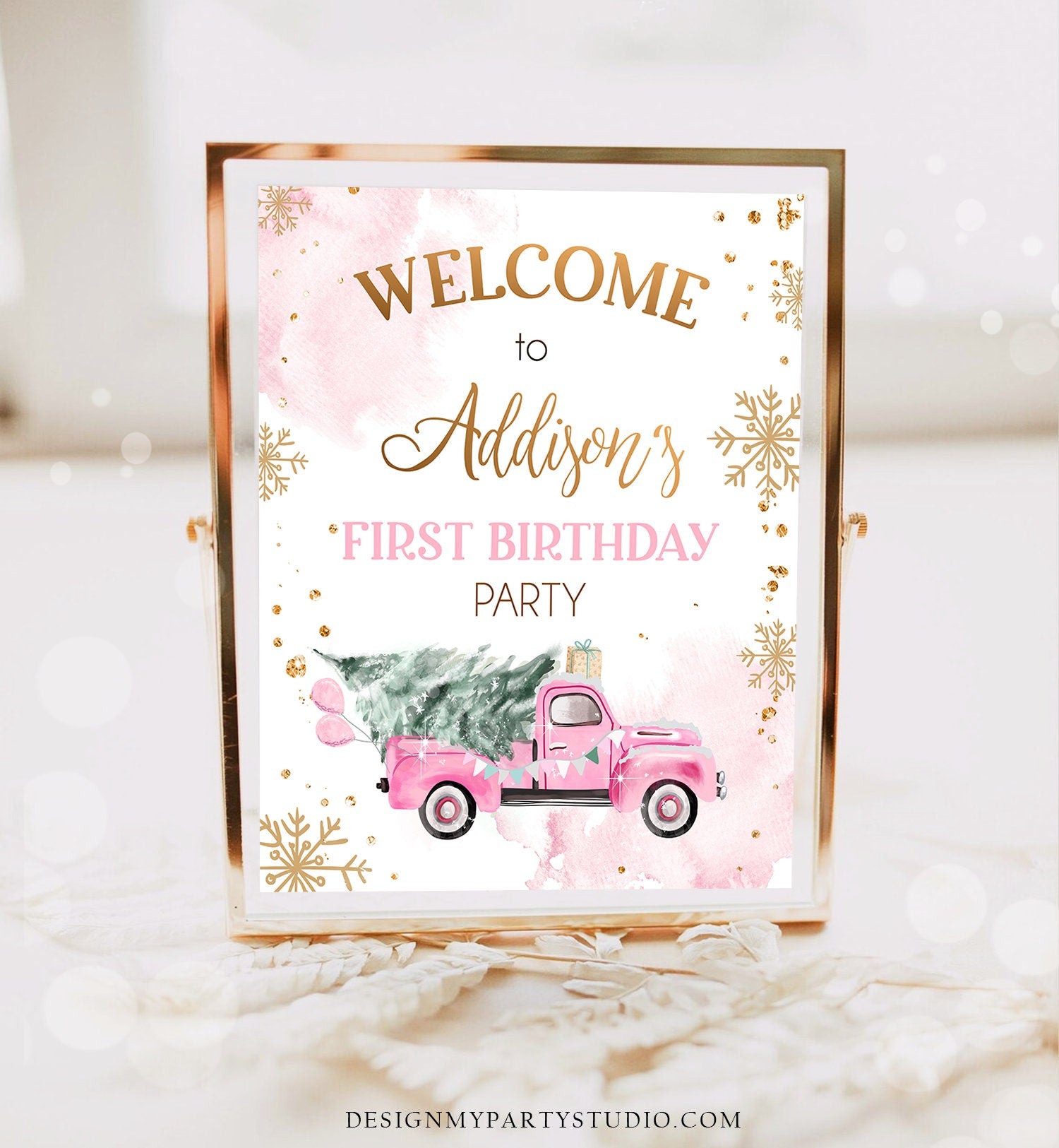 Editable Winter Truck Welcome Sign Onederland Pink Truck Watercolor Girl First Birthday Snowflake Wonderland Digital Template Printable 0495