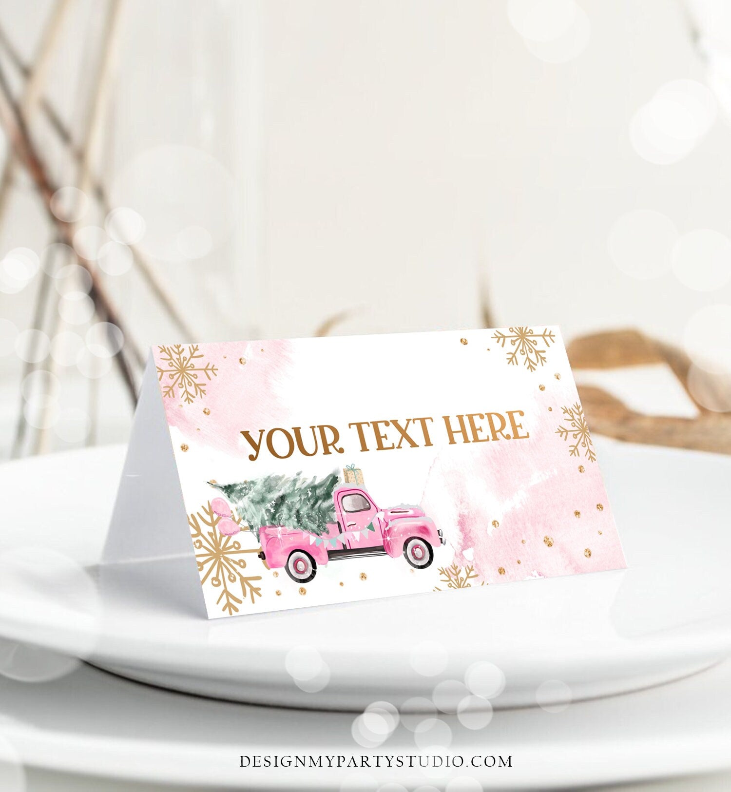 Editable Winter Truck Food Label Place Card Tent Card Escort Holiday Party Christmas Pink Truck Winter Tree Digital Template Printable 0495