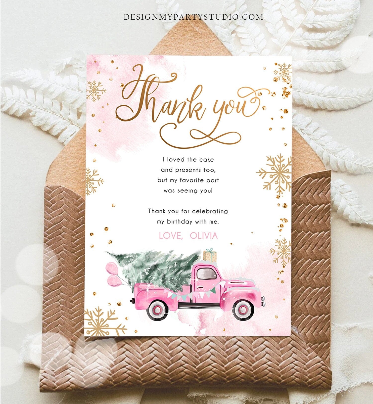 Editable Winter Truck Thank You Card Girl Birthday Winter Onederland Pink Truck Tree Christmas Snowflake Digital Template Printable 0495
