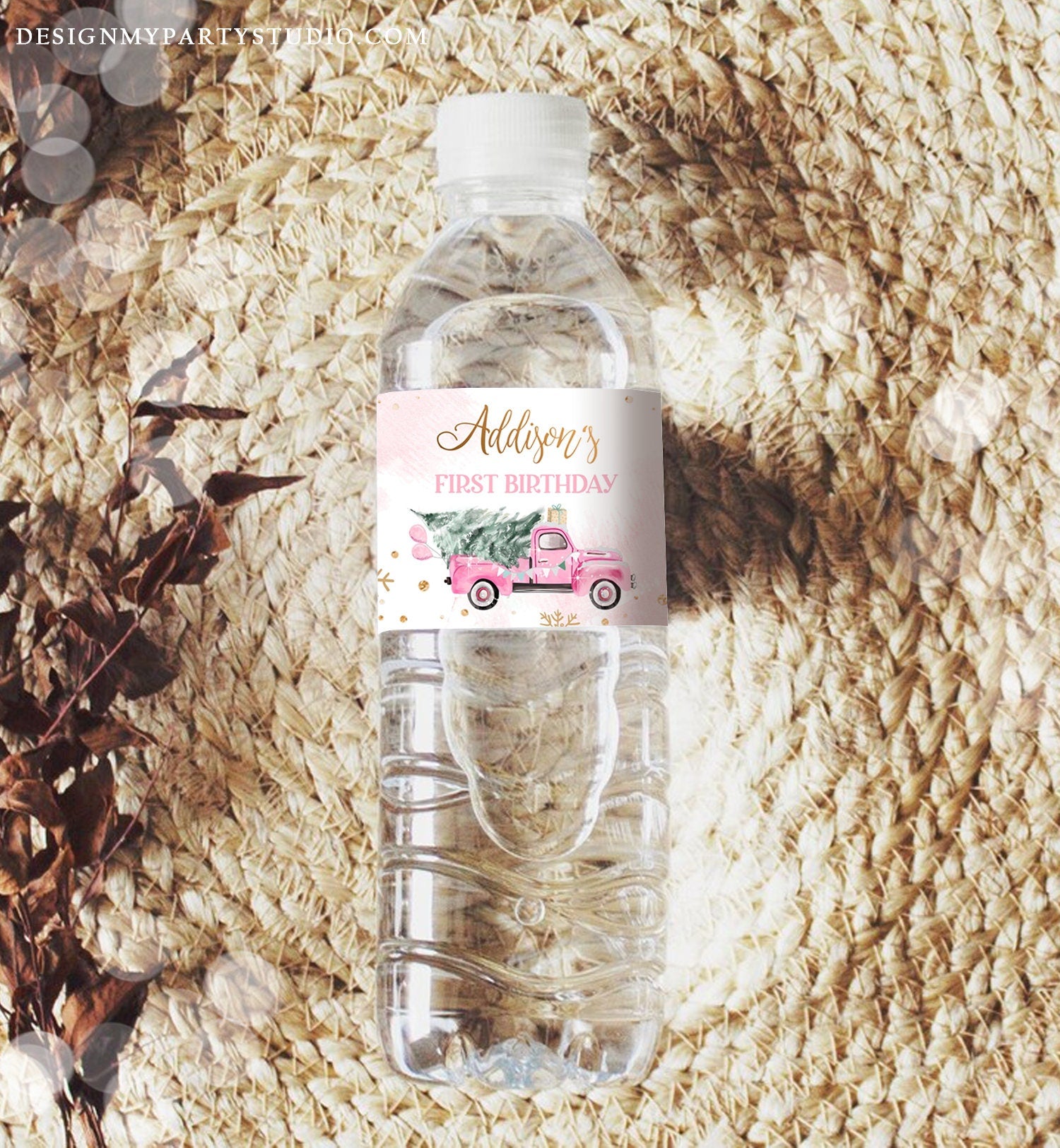 Editable Winter Truck Water Bottle Labels Winter Onederland Party Decor Girl Birthday Pink Truck Christmas Digital Template Printable 0495