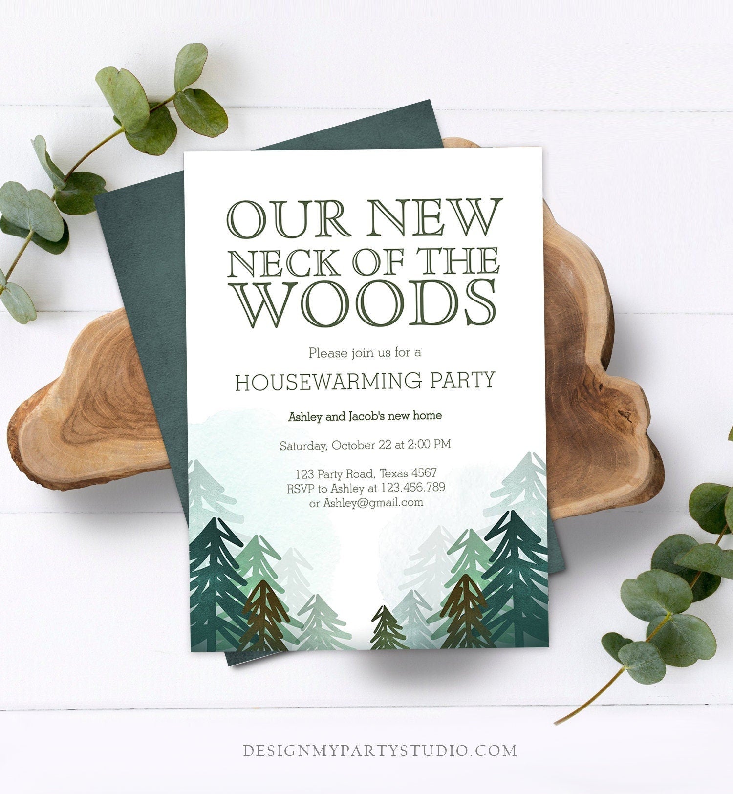 Editable Housewarming Party Invitation Our New Neck of the Woods Forest Winter Fall Party Rustic Download Corjl Template Printable 0295