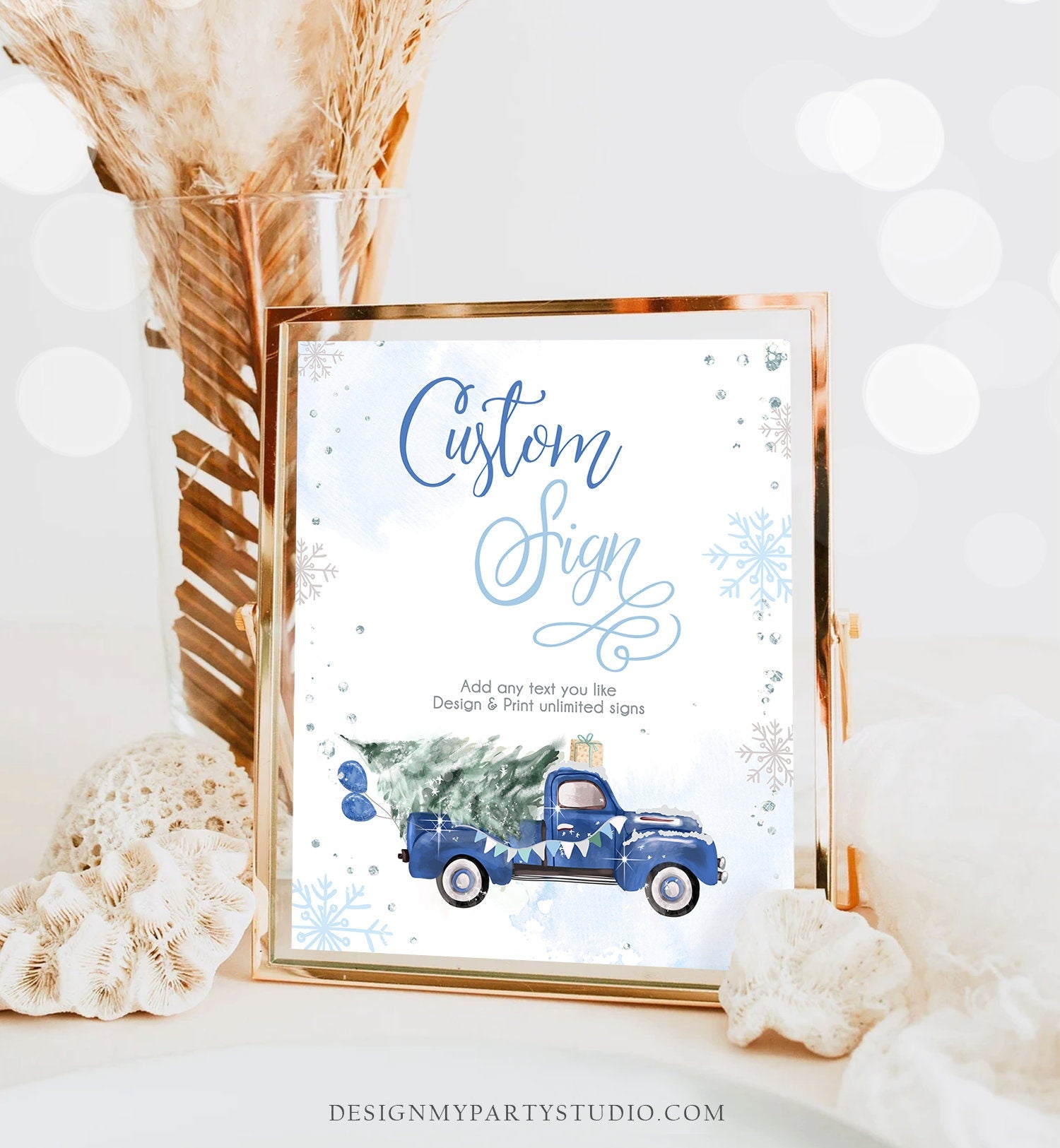Editable Custom Sign Winter Truck Sign Winter Onederland Blue Truck Boy First Birthday Party 8x10 Digital Download Template Printable 0495