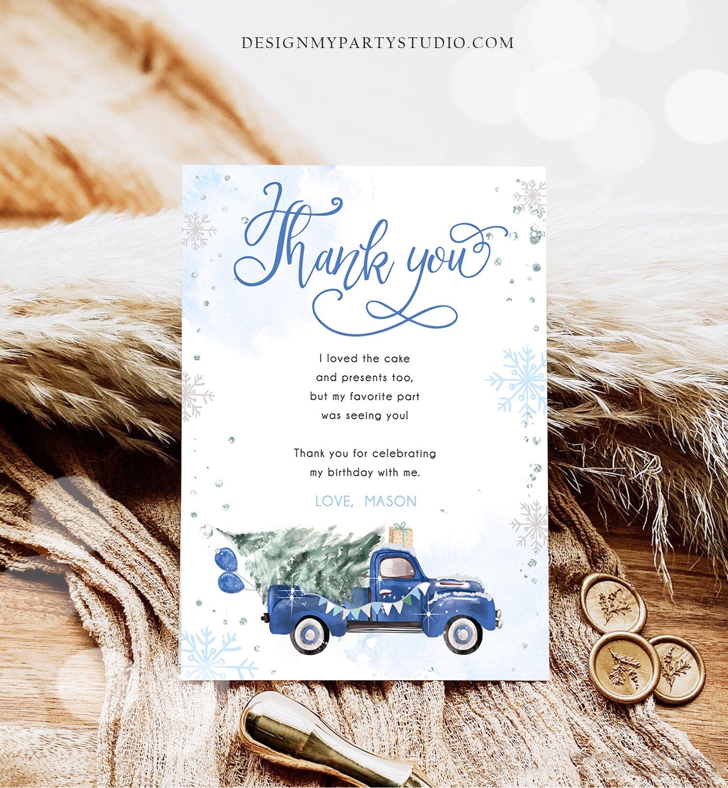 Editable Winter Truck Thank You Card Boy Birthday Winter Onederland Blue Truck Tree Christmas Snowflake Digital Template Printable 0495