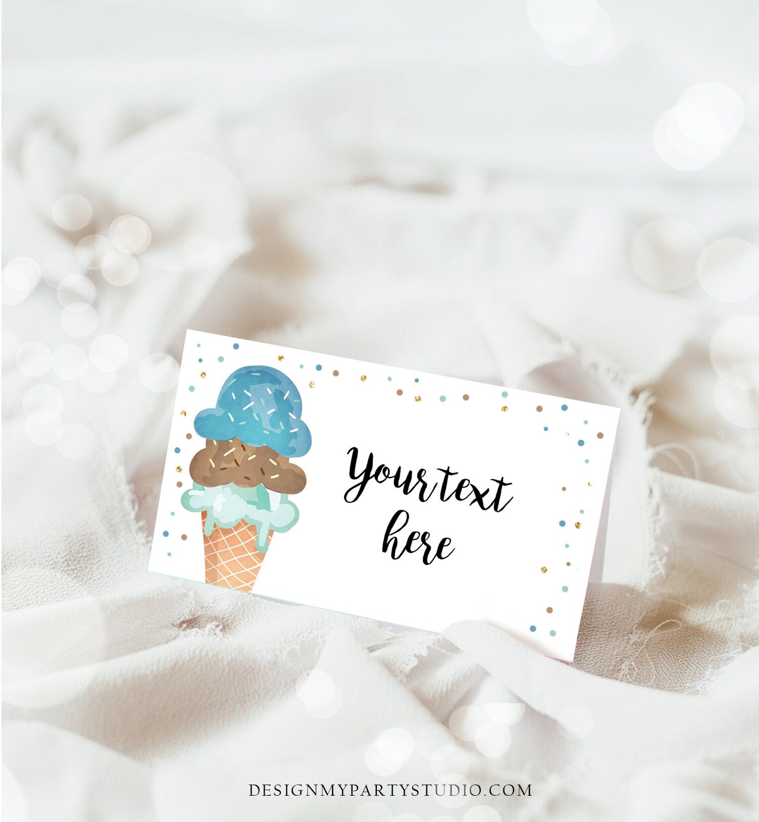 Editable Ice Cream Food Labels Ice Cream Birthday Food Tent Card Boy Blue Brown Gold Scoop Buffet Label Tent Card Template Printable 0243