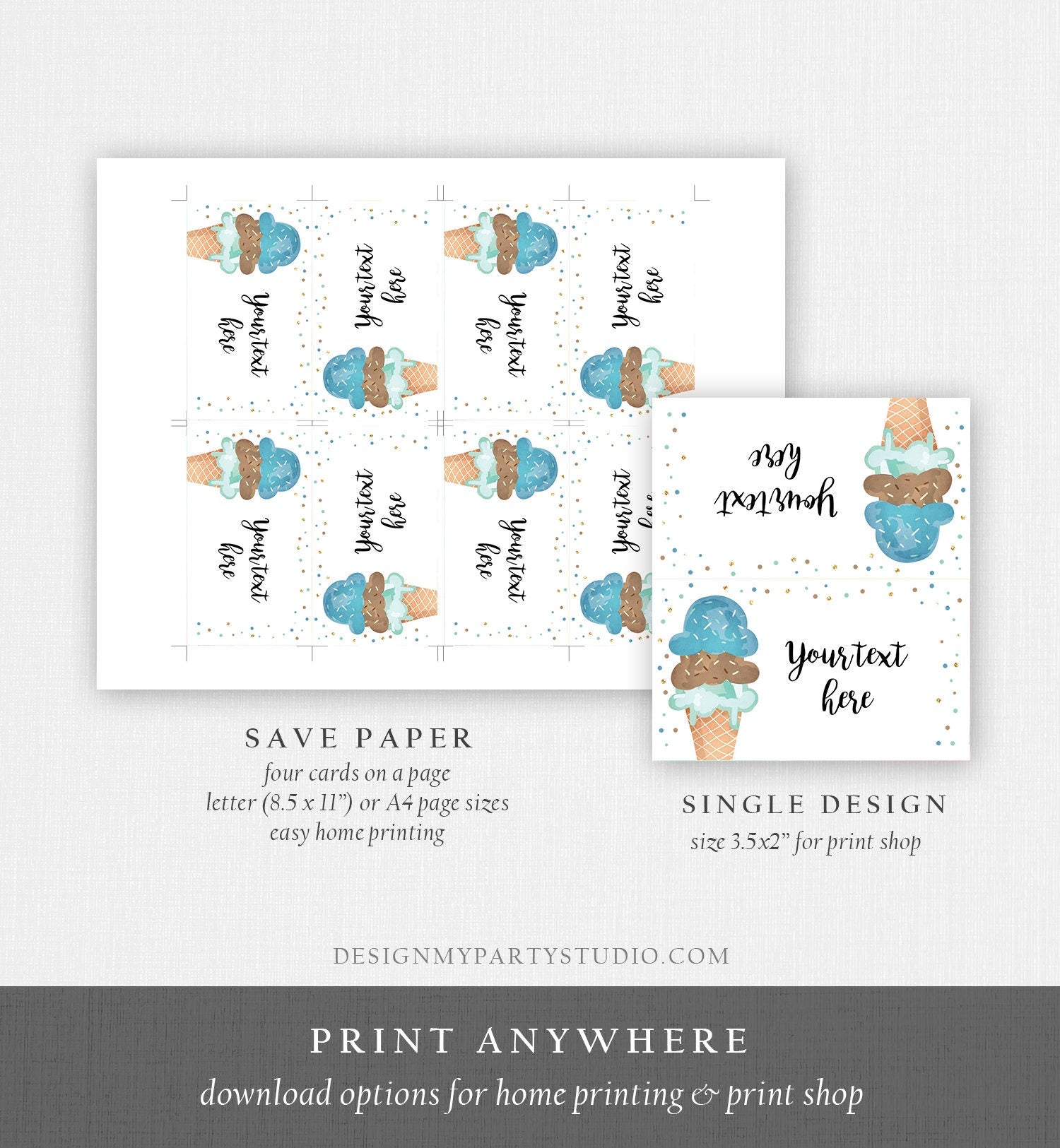 Editable Ice Cream Food Labels Ice Cream Birthday Food Tent Card Boy Blue Brown Gold Scoop Buffet Label Tent Card Template Printable 0243