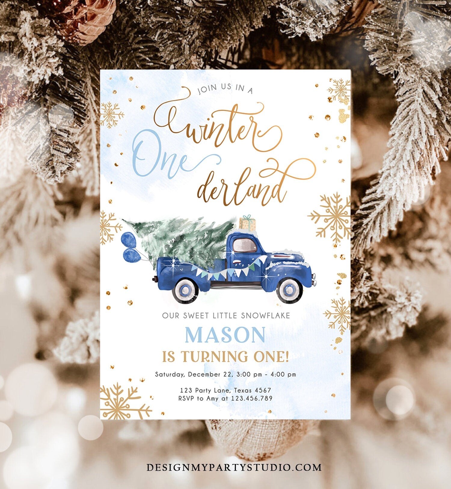 Editable Winter Onederland Winter First Birthday Invitation Christmas Winter Gold Blue Truck Boy Silver Minimalist Template Printable 0495