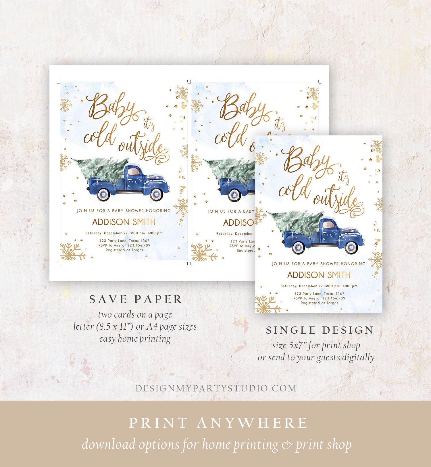 Editable Baby Its Cold Outside Baby Shower Invitation Winter Truck Blue Boy Baby Shower Gold Watercolor Tree Digital Template Printable 0495