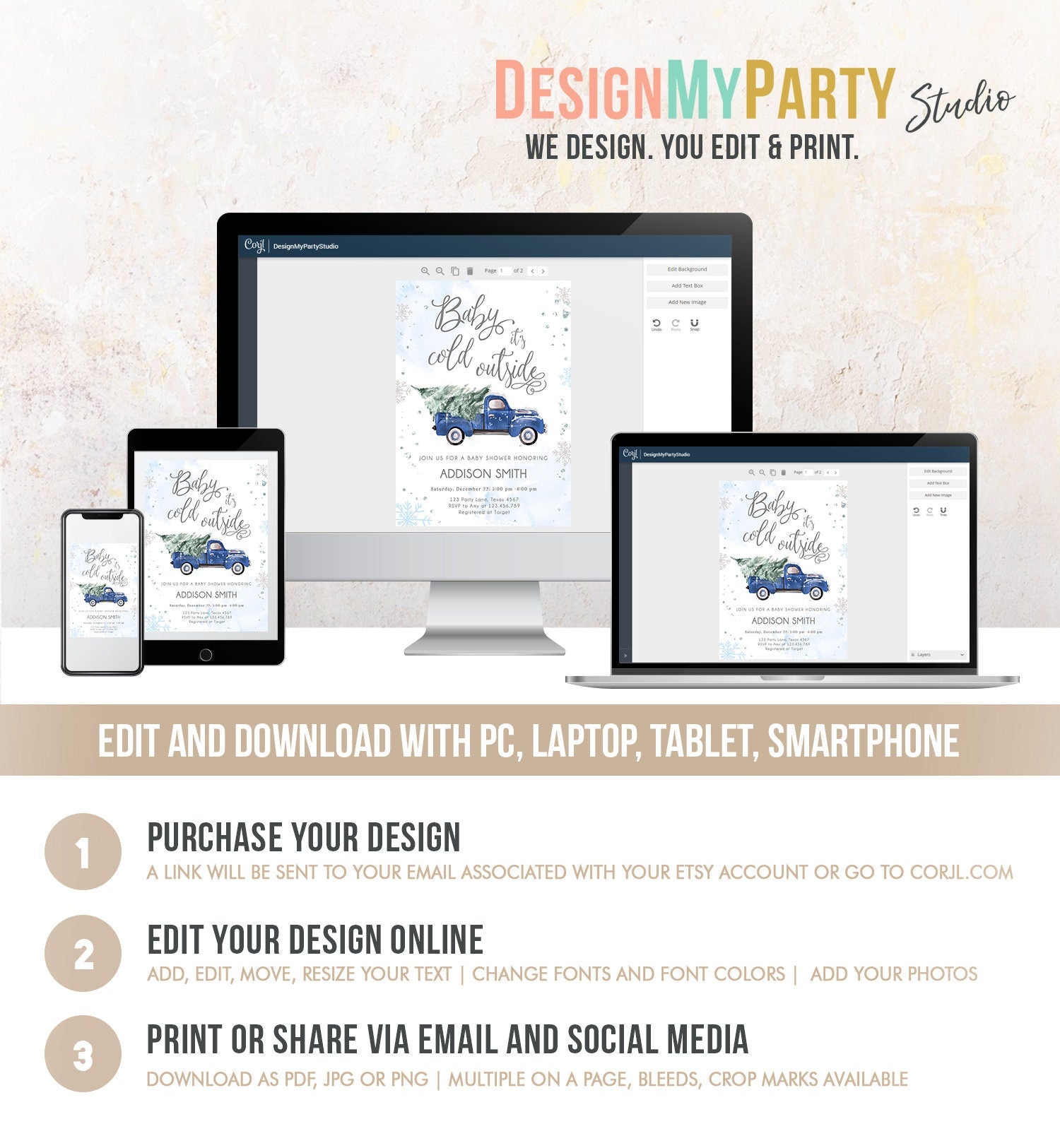 Editable Baby Its Cold Outside Baby Shower Invitation Winter Truck Blue Boy Baby Shower Silver Watercolor Digital Template Printable 0495