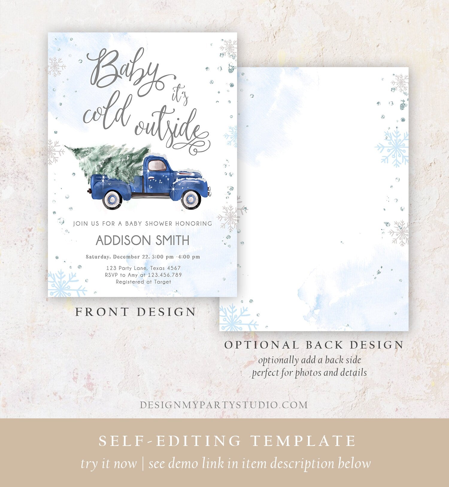 Editable Baby Its Cold Outside Baby Shower Invitation Winter Truck Blue Boy Baby Shower Silver Watercolor Digital Template Printable 0495