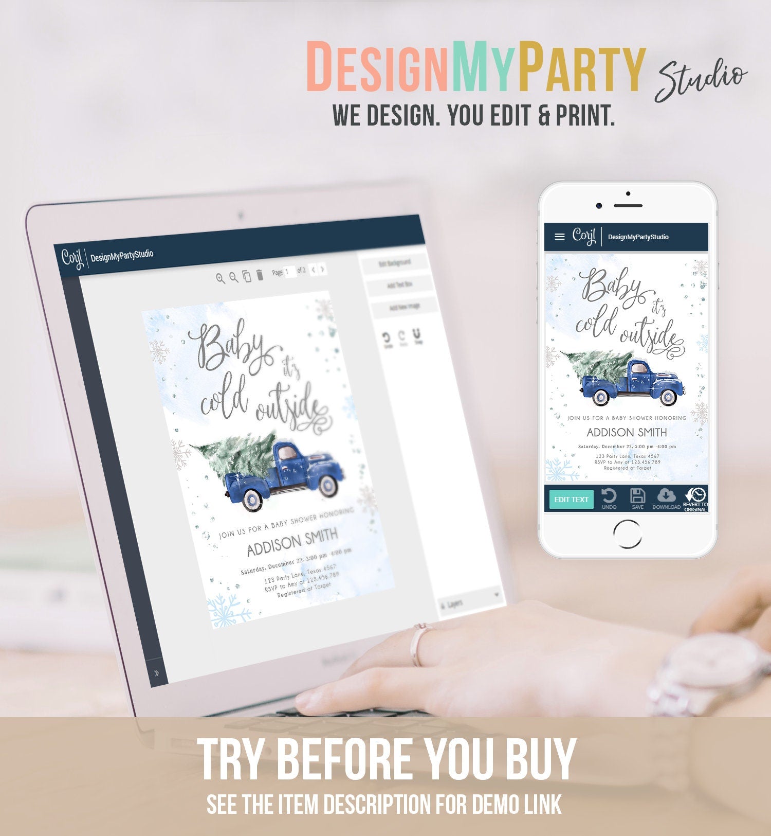 Editable Baby Its Cold Outside Baby Shower Invitation Winter Truck Blue Boy Baby Shower Silver Watercolor Digital Template Printable 0495