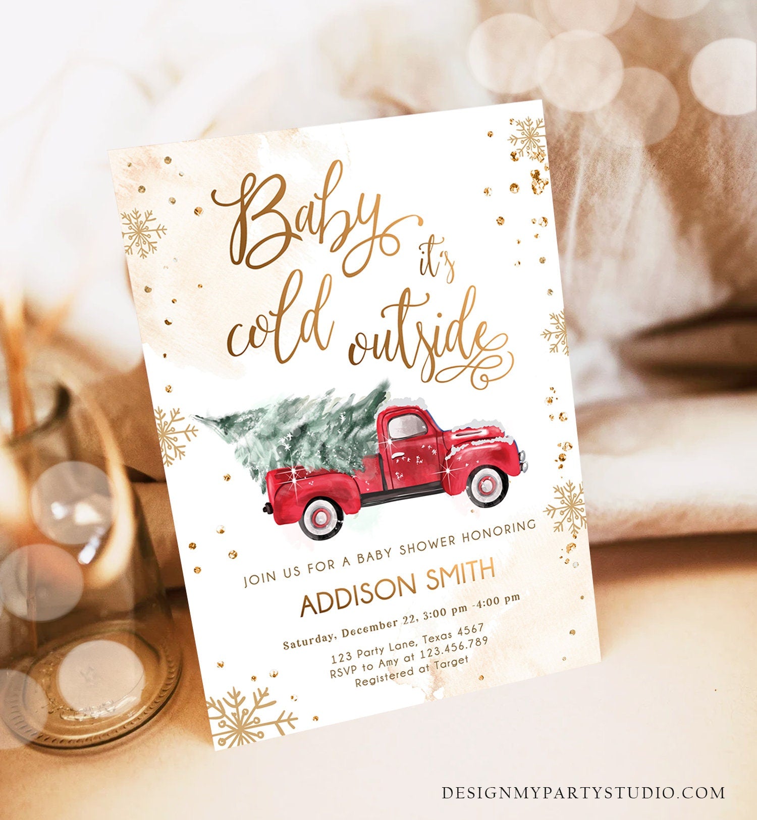 Editable Baby Its Cold Outside Baby Shower Invitation Winter Truck Red Gender Neutral Baby Shower Gold Tree Download Template Printable 0495